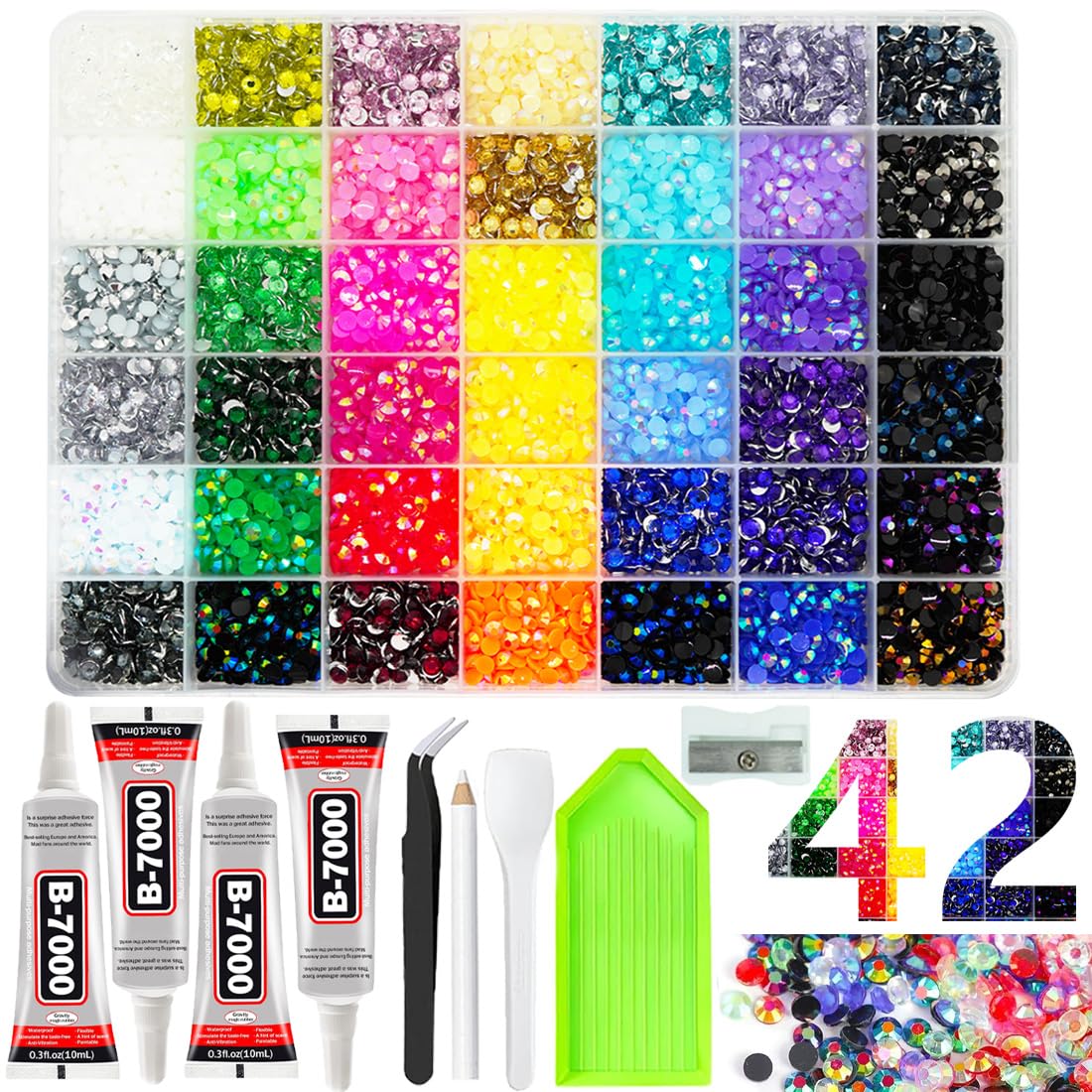 42 Colours Bedazzling Kit with 4*Glues, 4mm SS16 Resin Rhinestones Flatback Gems Non-HOTFIX Bedazzler Stones with Nine Piece Tool Set for DIY Nail Art Decoration