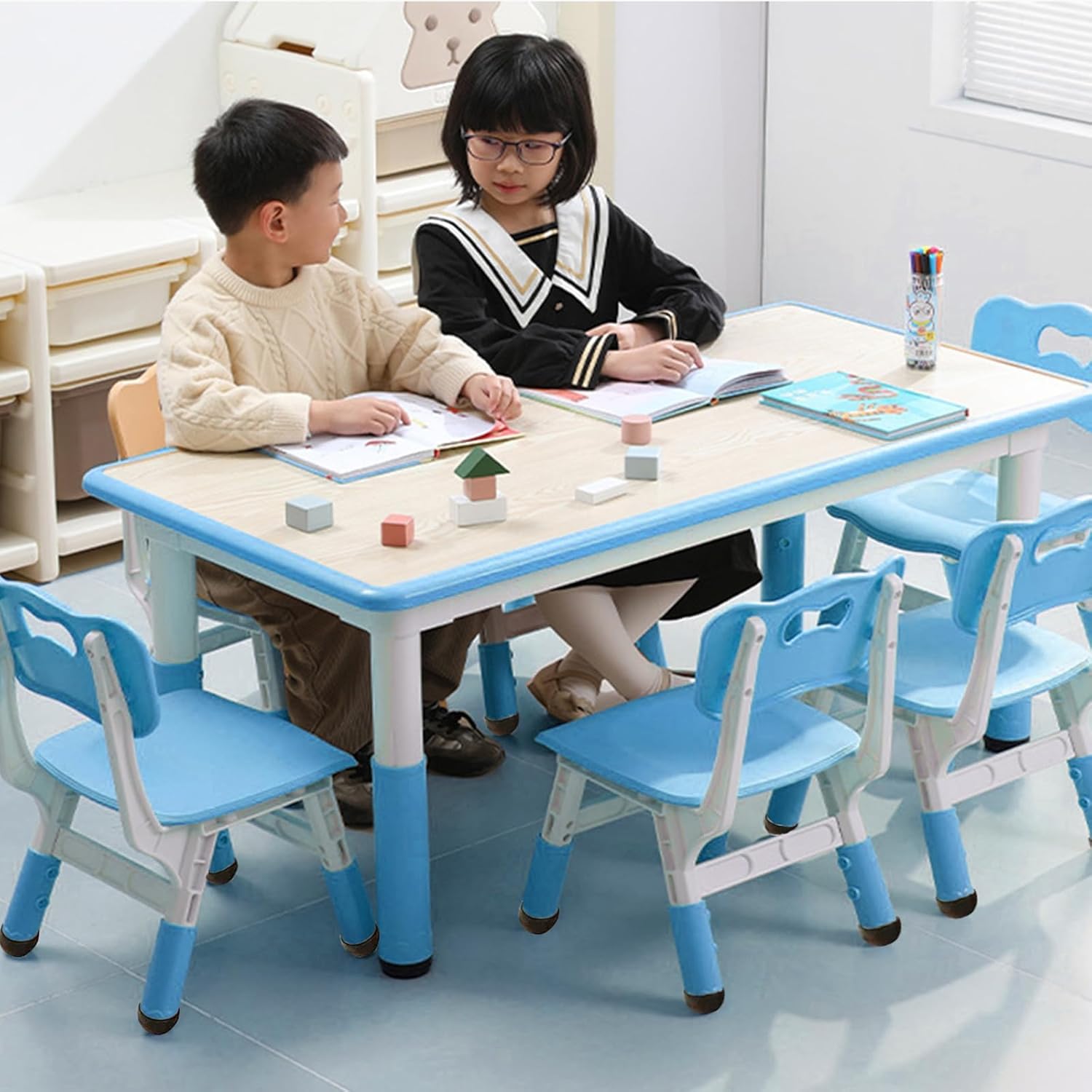 Garvee Kids Table and 6 Chair Set,47 in Modern Height Adjustable Toddler Table and 6 Chairs Set with Non-Slip Desk Legs&Organizer Graffiti Desktop,Preschool Activity Art Craft Tables for 6(Blue)