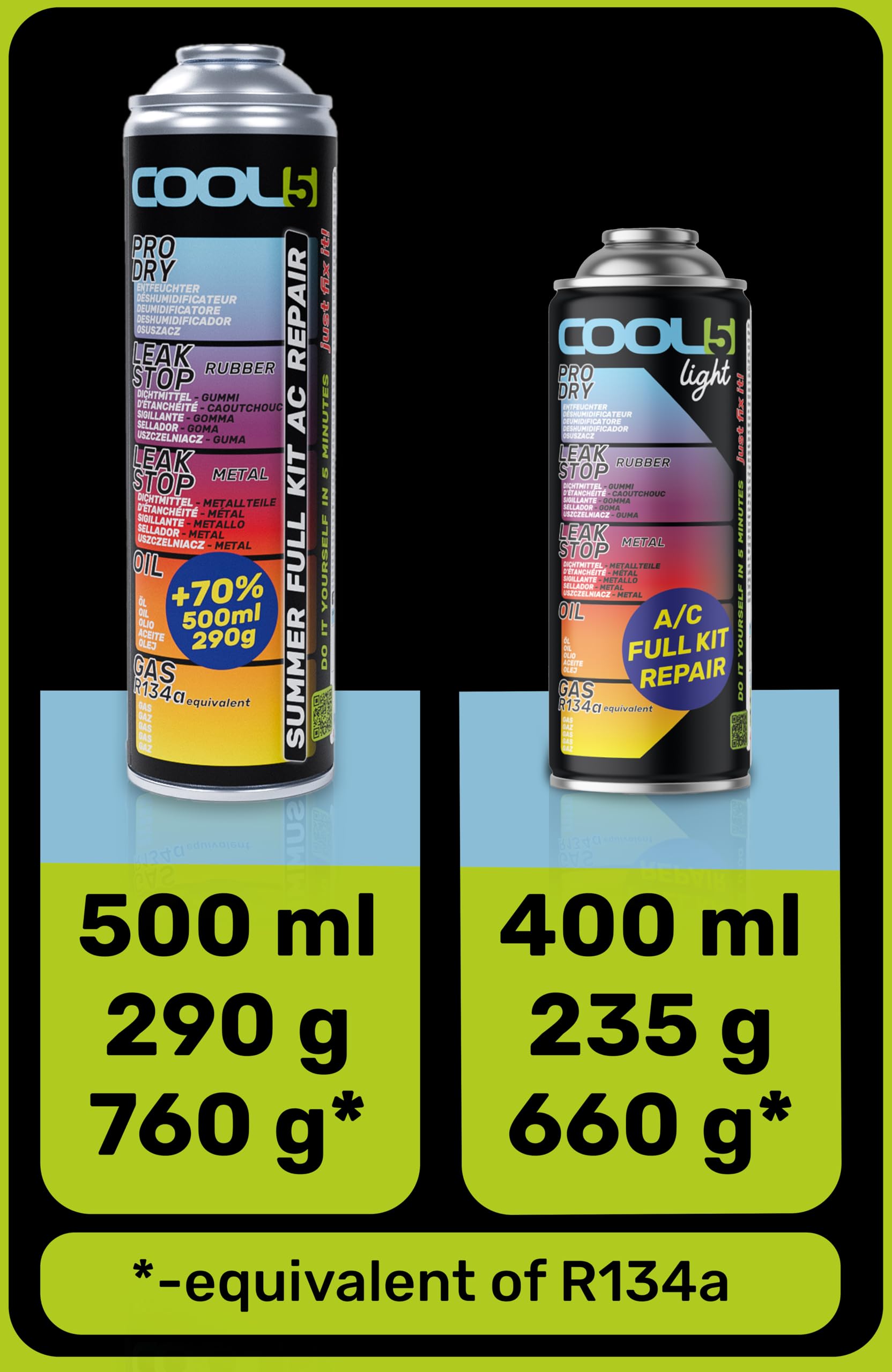 LIGHT Ersatzkältemittel r134a für Autoklimaanlagen – 1 Dose 5in1, 235g + Druckleitung mit Manometer