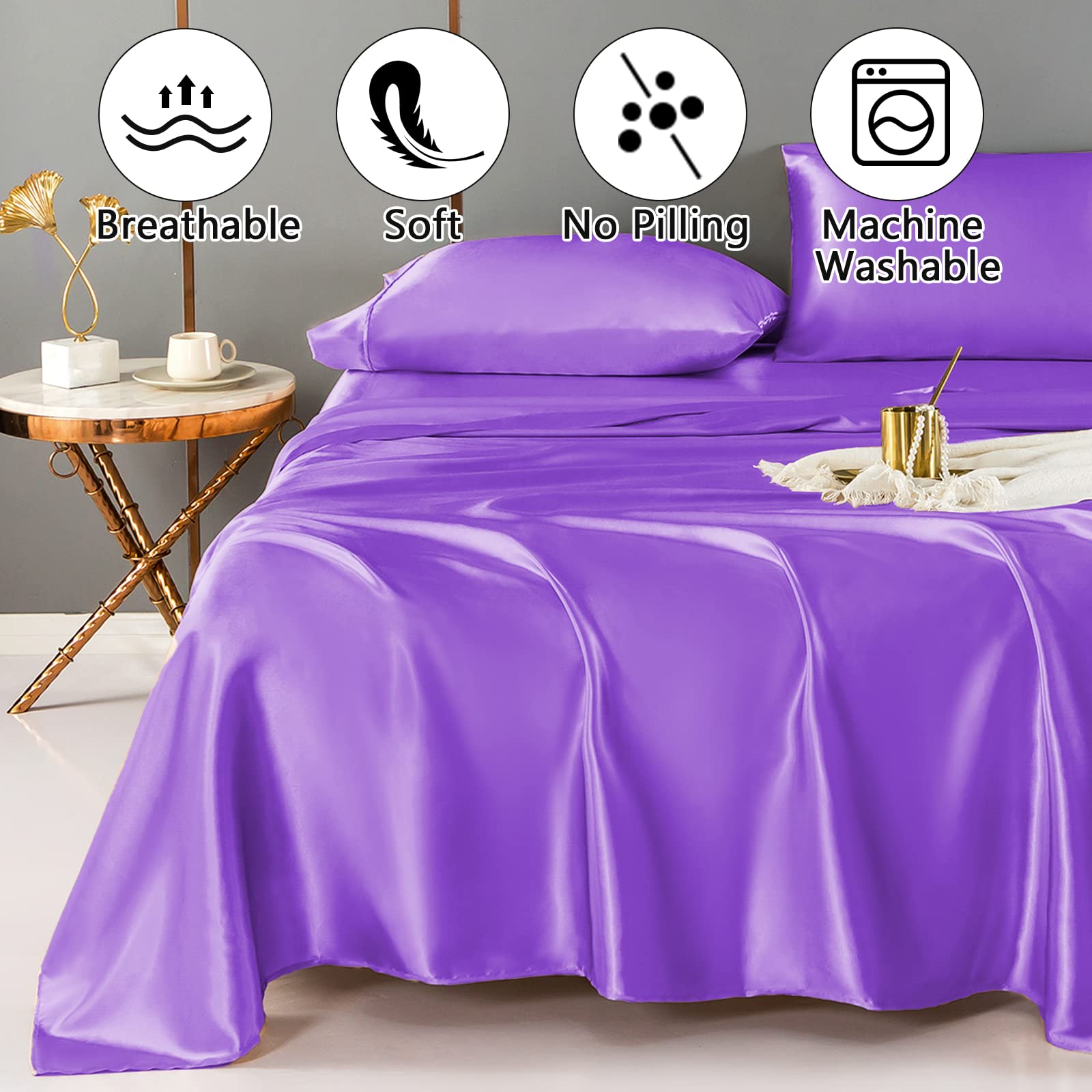 Juego de sábanas de satén y fundas de almohada tamaño Queen, con bolsillo profundo, sedosas, suaves, transpirables, microfibra 1800 (4 piezas, morado)