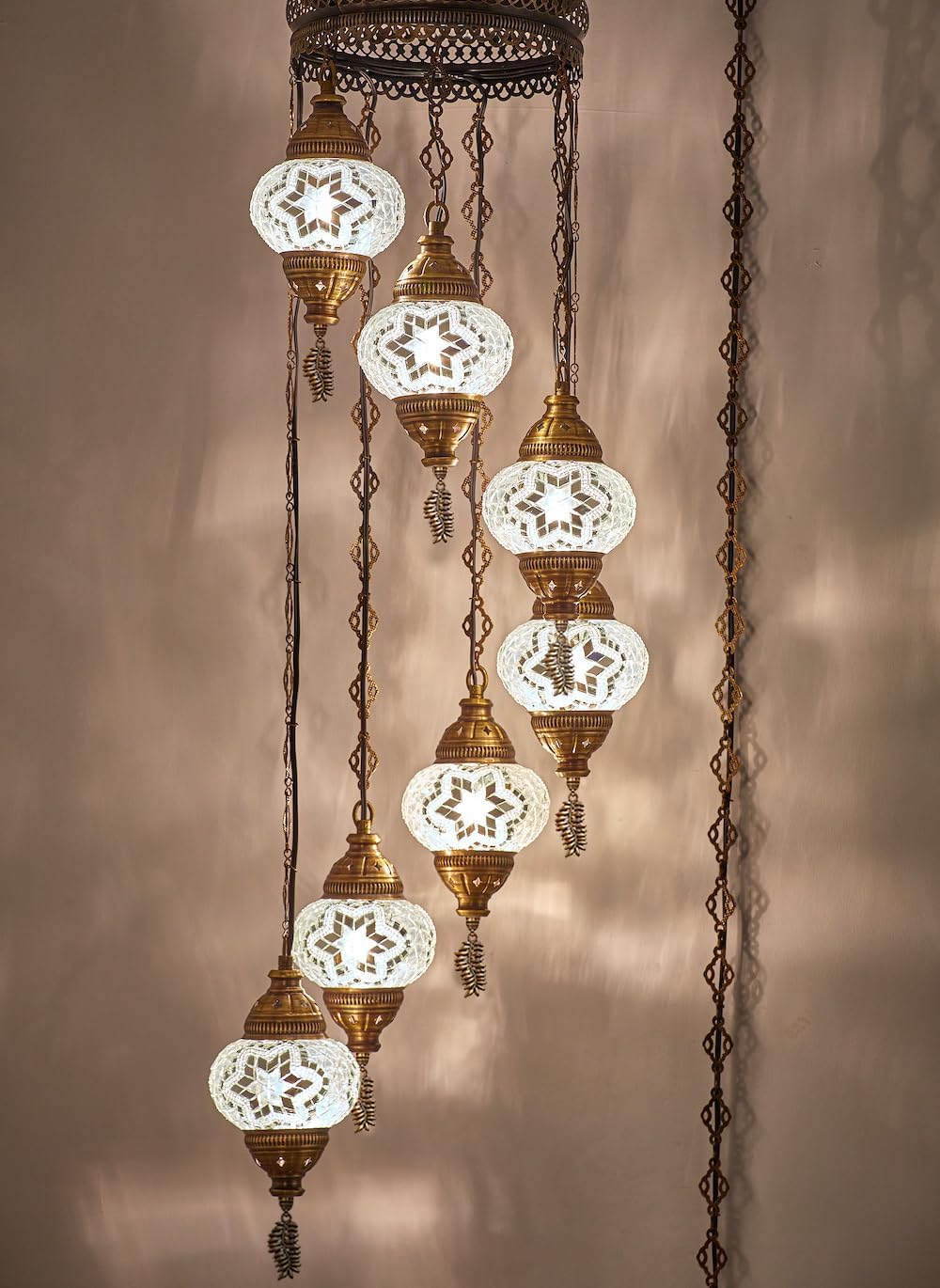 DEMMEX 7-Globe Plug-in Turkish Moroccan Mosaic Chandelier – Tiffany Style Ceiling Lamp, Hanging Pendant Light Fixture, Bohemian Swag Lighting, Handmade, 15ft Cord&Chain, Hangs 5ft, Multicolor