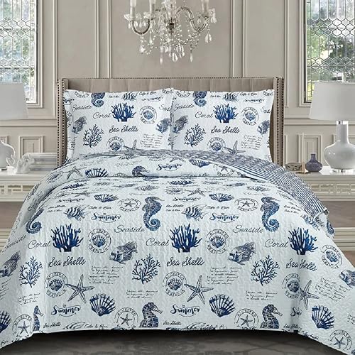 Royal Tradition Seaside Sea Shells Colchas Reversibles, Juego de Edredón de 3 Piezas Tamaño California King Extra Grande (110 Pulgadas de Ancho x 96