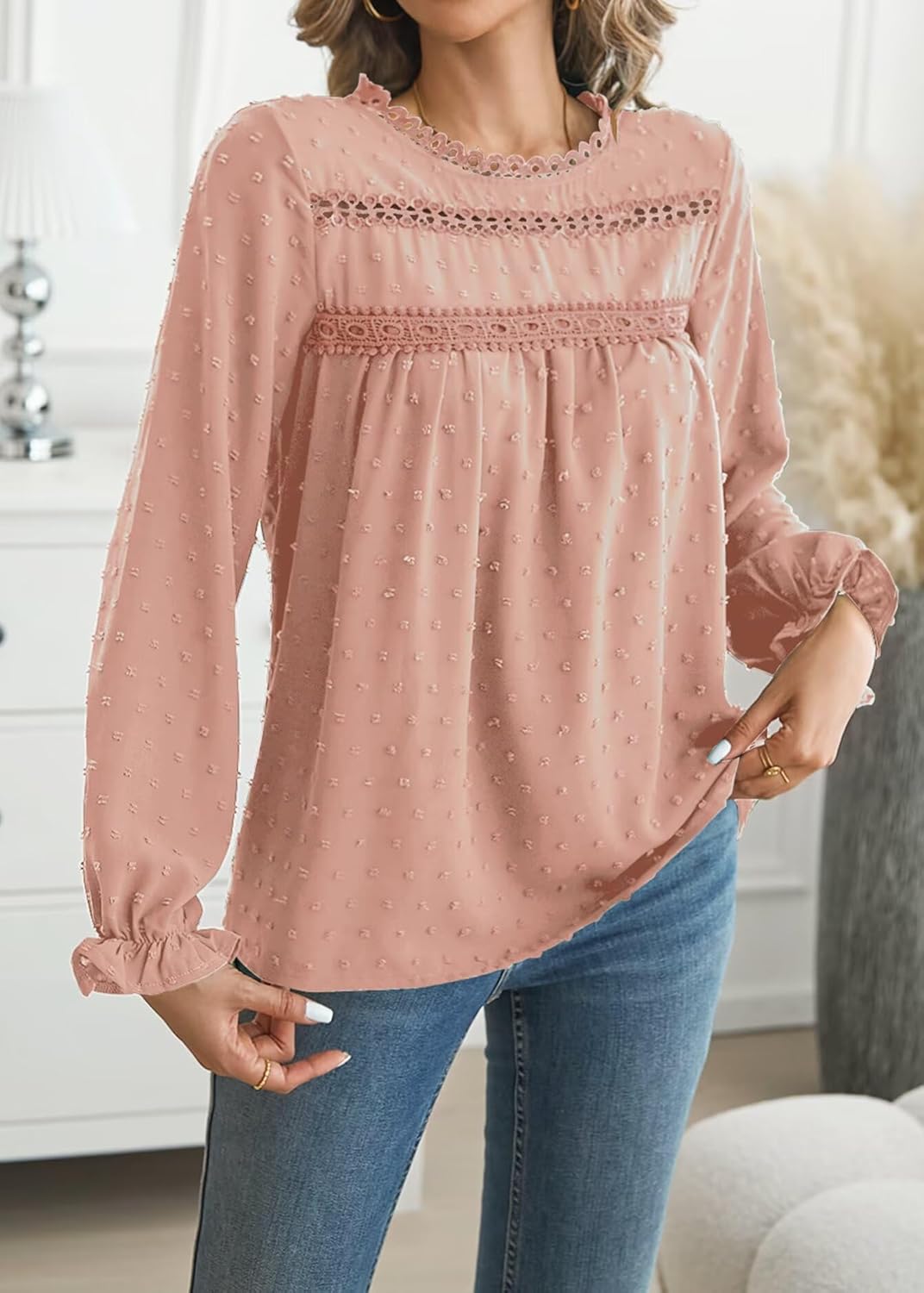 Womens Boho Tops Long Sleeve Shirts For Women Cute Crewneck Blouse Dressy Casual Swiss Dot Crochet Hollow Top 2026 - Image 5