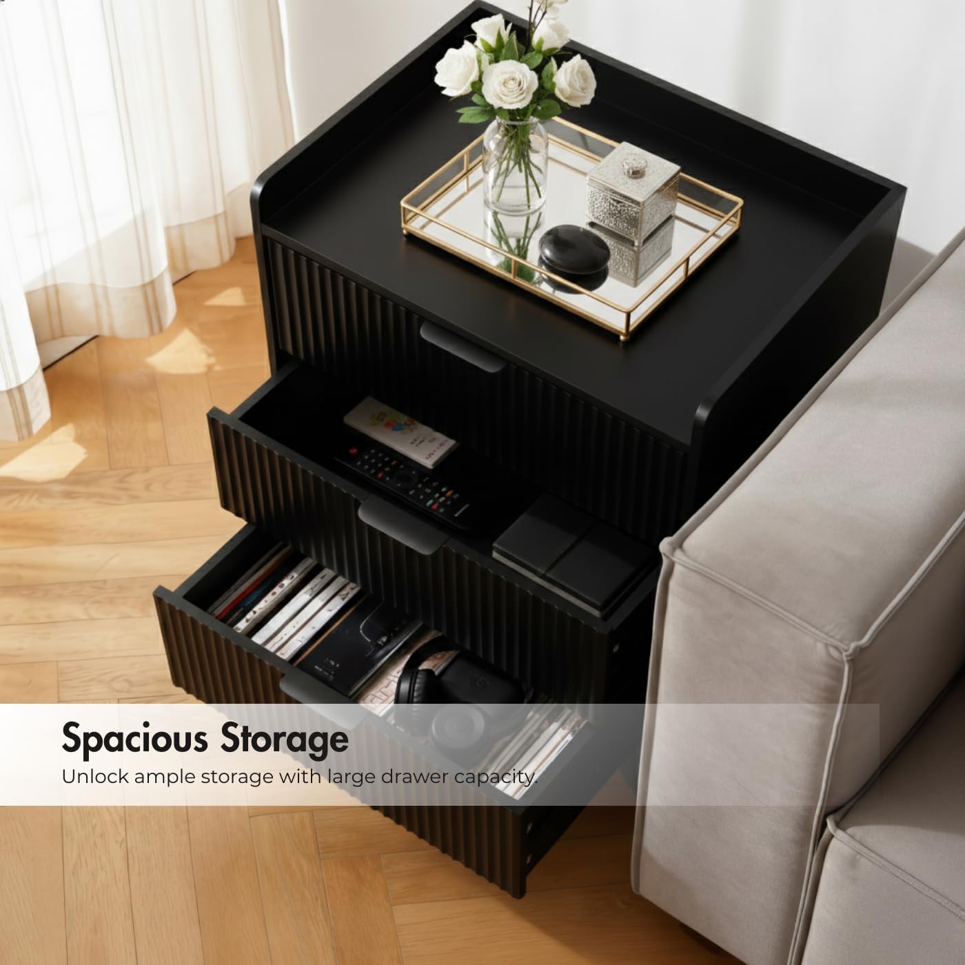 Modern Fluted Wood 3-Drawer Tall Nightstand, 30'' High Bedside Table for King or Queen Beds, Narrow Storage Cabinet for Bedroom, Black