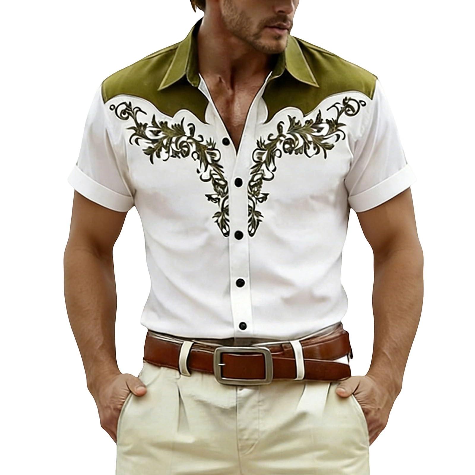 RUMAOZIA Men's Shirt Western Cowboy Style 3D Print White Vintage Medieval Shirts Short Sleeve Cowboy Costume Shirt Embroidery Look Men Carnival Party Top Regular Fit Fancy Dress Costume, O Army Green