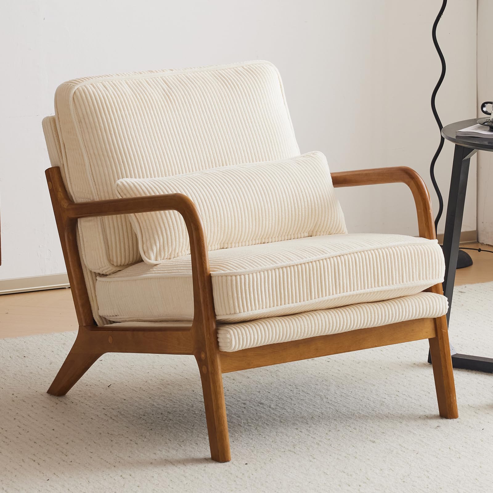 Bonnlo Accent Chair, Soild Wood Padding Lounge Armchairs, Occasional Reading Chair with Cushions and Lumbar Pillow, Armchairs for Living Room, Bedroom, Guest Room, Corduroy