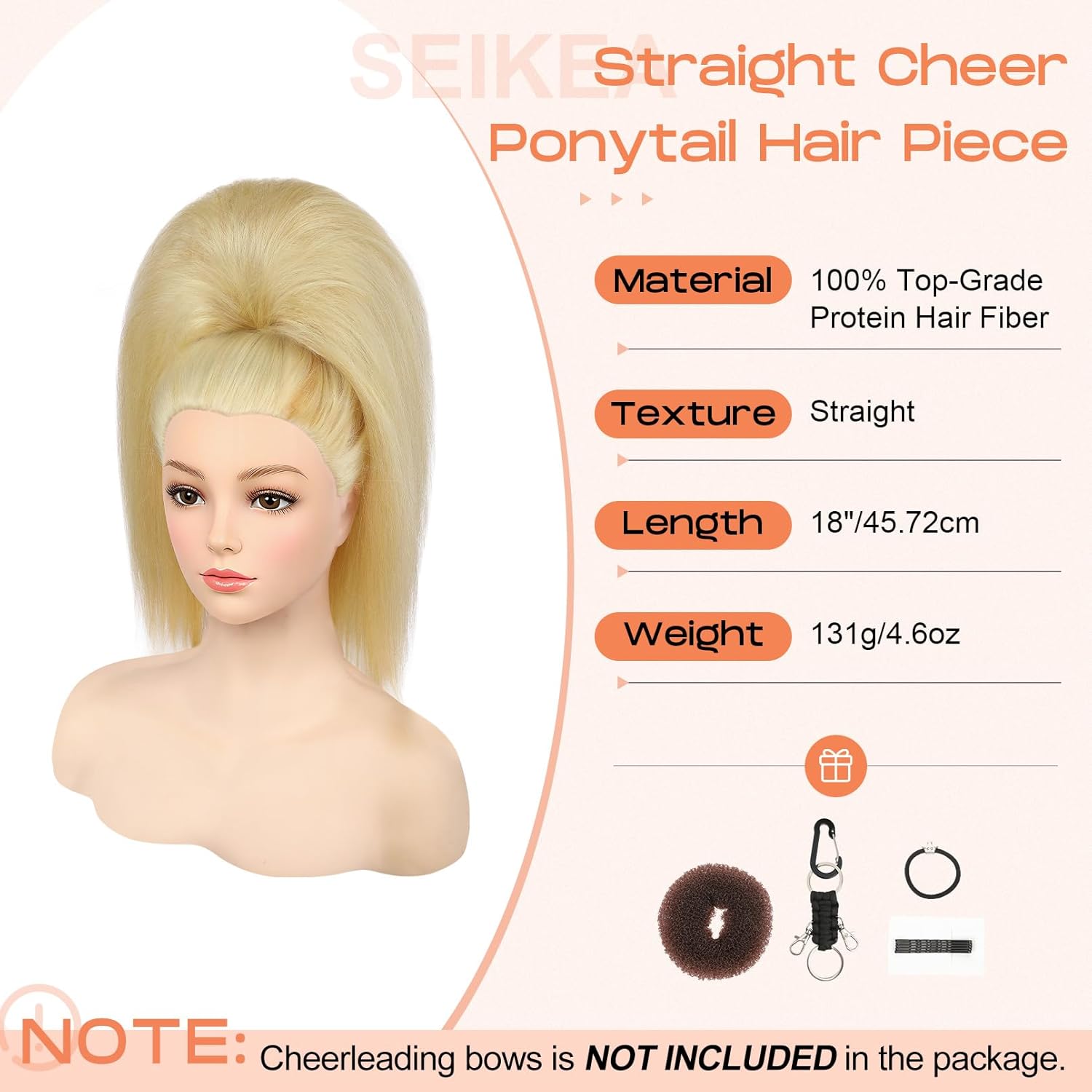 SEIKEA Cheer Ponytail Hair Piece, 100% Super Protein Fiber Straight Cheerleader Hairpiece Lightweight Silky Smooth Fluffy 18 Ponytail Extension for Cheerleader Competition, Dance Cream Blonde