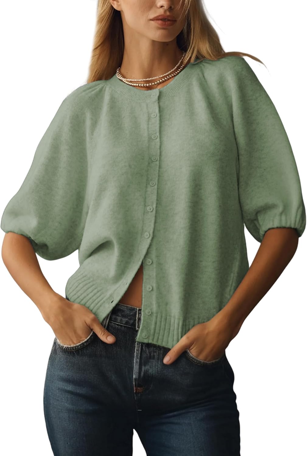 Women's Casual Short Puff Sleeves Crewneck Cardigan Button Down Knit Sweater Open Front Jumper