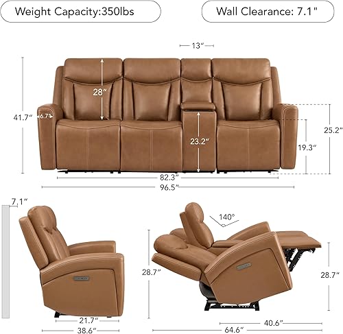 Miniatura 2 de CHITA Sofá reclinable eléctrico de cuero genuino, sofá reclinable de gravedad cero con reposacabezas y consola eléctrica, soporte para tazas,