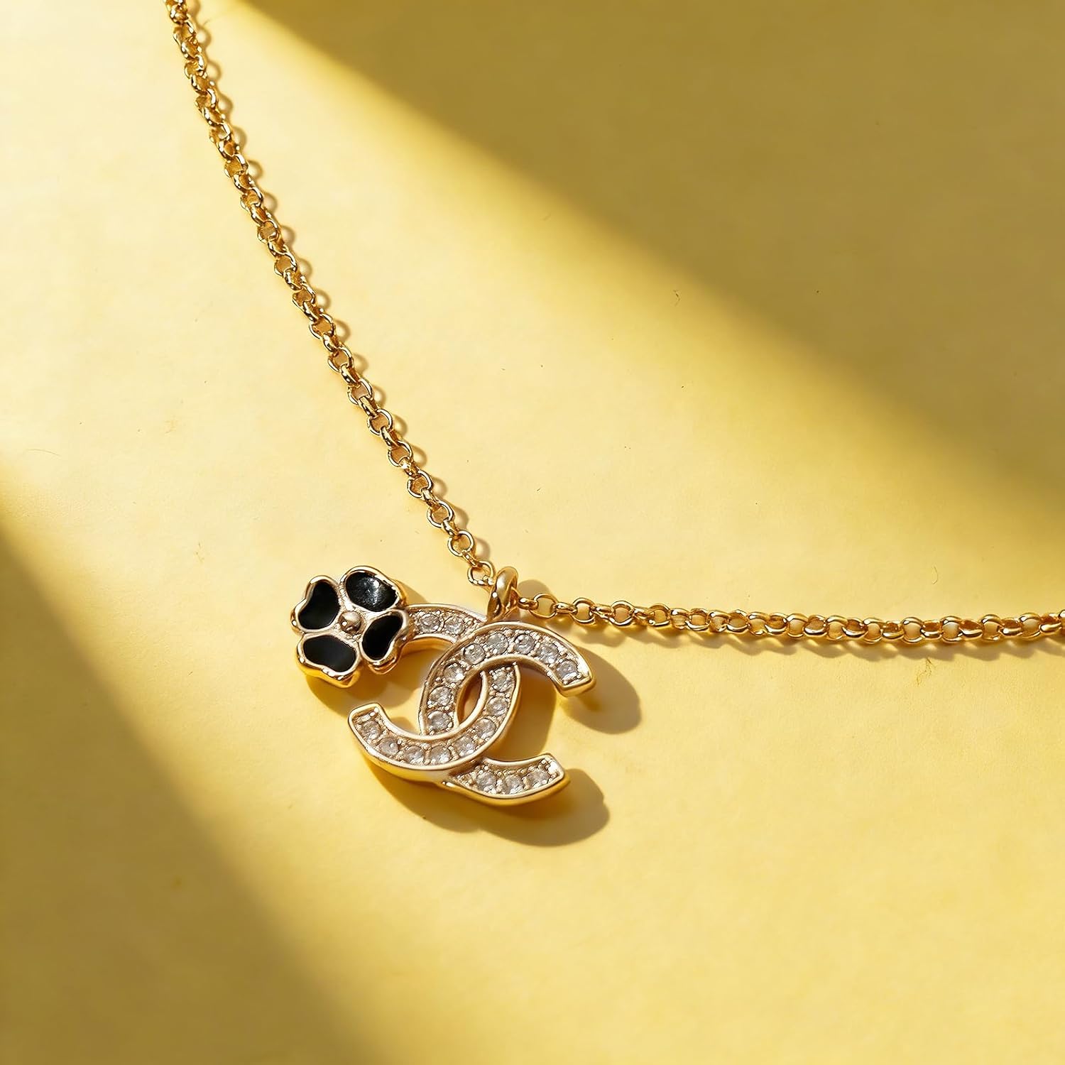 Gold Chain Necklace with Designer Logo Pendant and Charm,Decorated with clear crystals, Fashionable Women's Jewelry for Office, Date Night, Parties & Special Occasions; Thoughtful Gift for Valentine's Day, Birthday or Mother's Day - Image 4