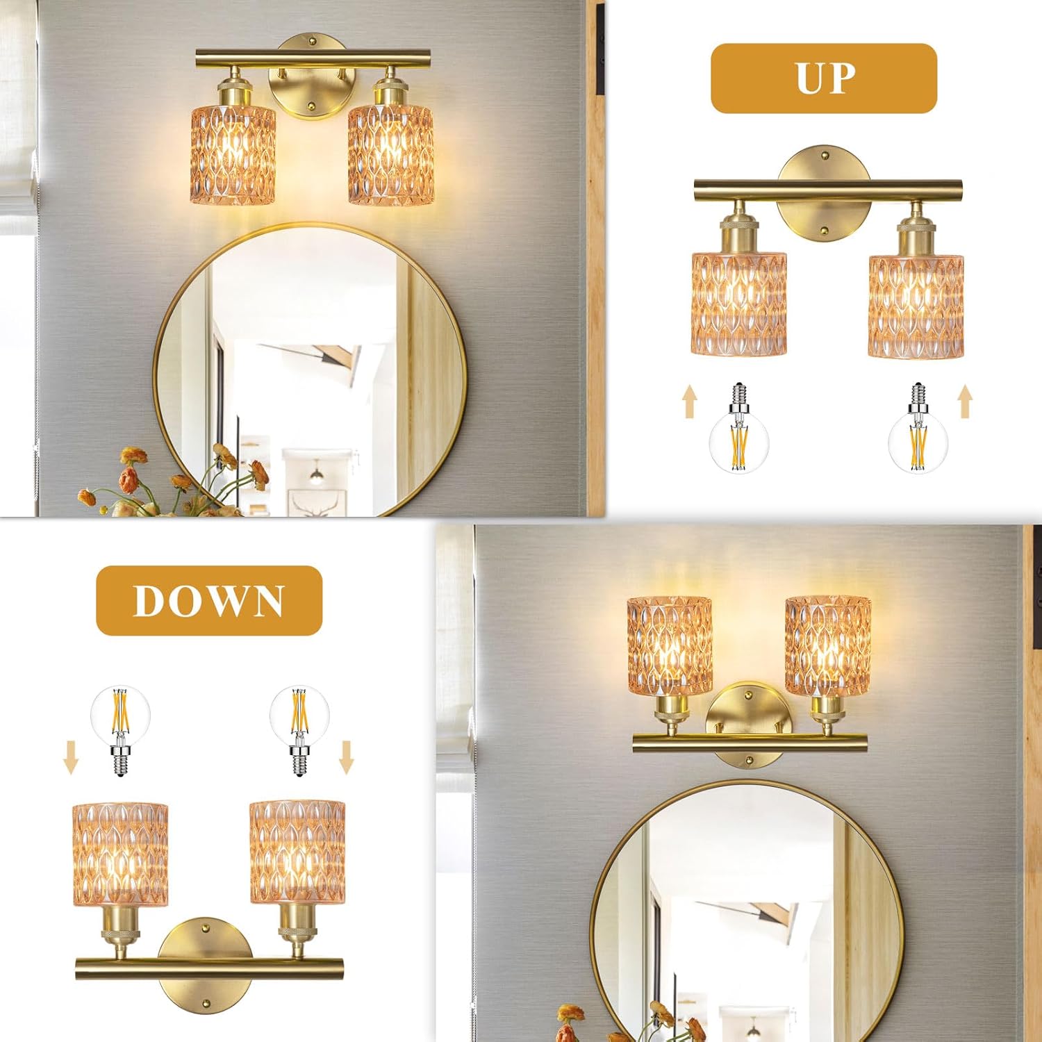 Bathroom Vanity Light, Gold Wall Fixture Over Mirror, Amber Glass Shade Lighting with Bulbs Included for Bedroom & Living Room, 2-Lights
