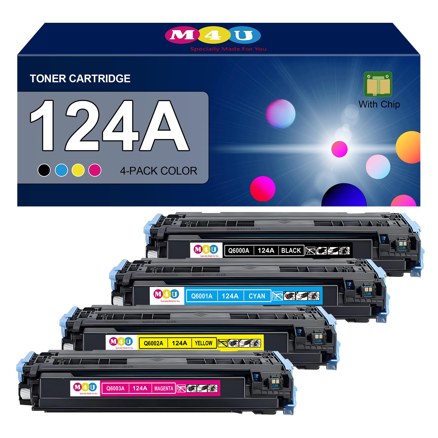 124A Toner Cartridges 4 Pack(with Chip) Remanufactured Compatible for 124A Q6000A Q6001A Q6002A Q6003A 124A Toner use for Color 2600n 1600 2605 1015 1017 Series Printer(Black Cyan Magenta Yellow)
