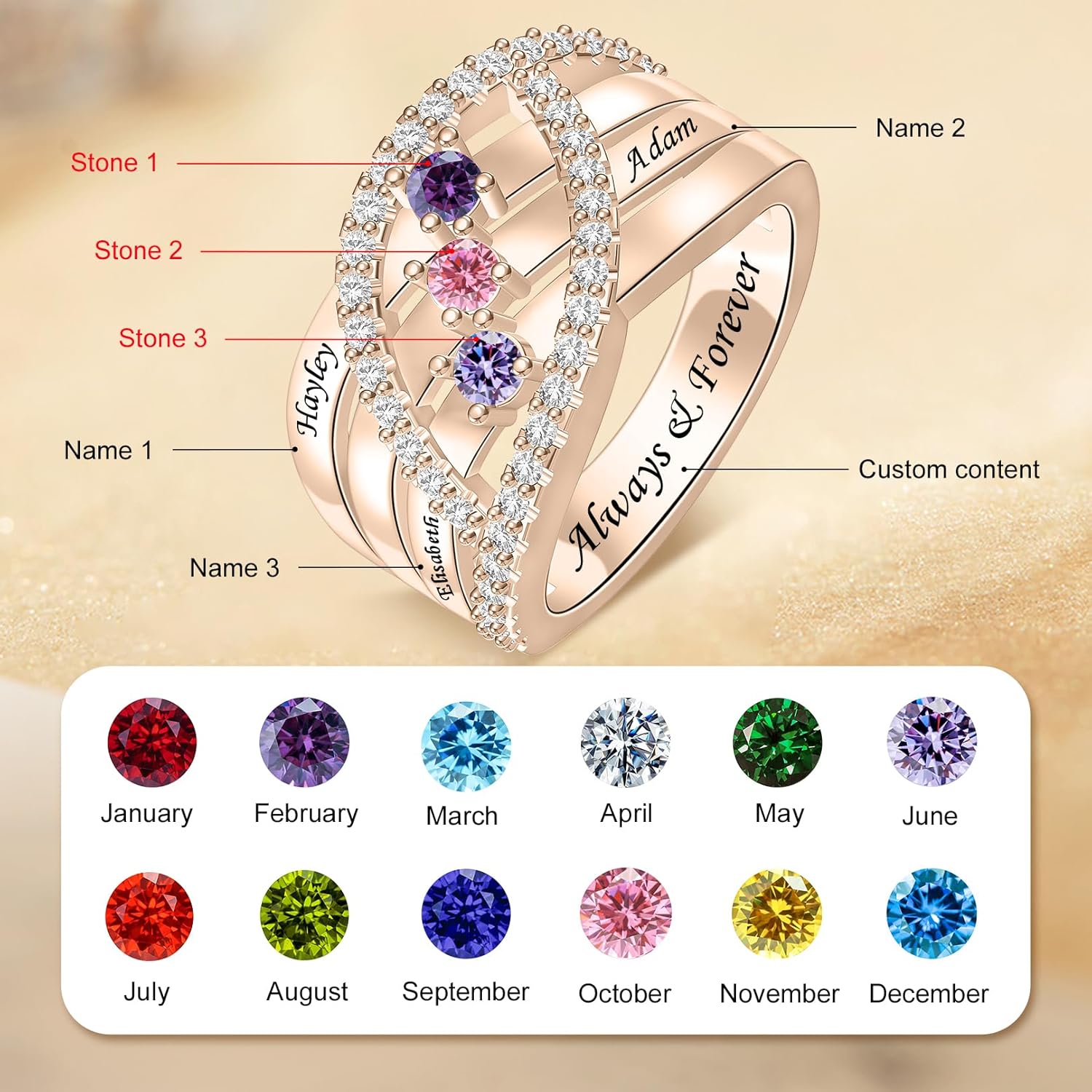 Personalized 1-6 Birthstone Rings for Women Personalized Promise Ring for Her Sterling Silver Engraved Name Ring Custom Family Rings Jewelry Gift for Mom Wife Grandma Daughter - Image 4