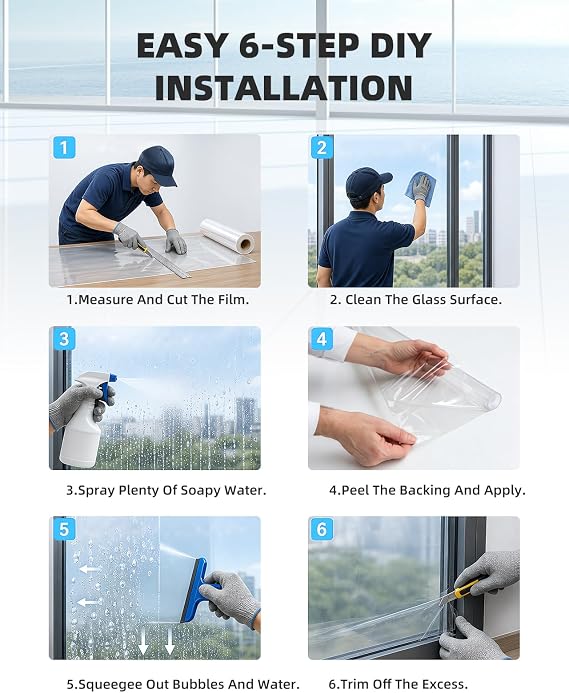 NIDOJP 4 Mil Clear Window Safety Film, 17in x 6.5ft Self-Adhesive Explosion-Proof Protection Film for Glass Windows, Doors & Mirrors, Shatterproof and Break-in Deterrent for Kids, Pets & Home Use
