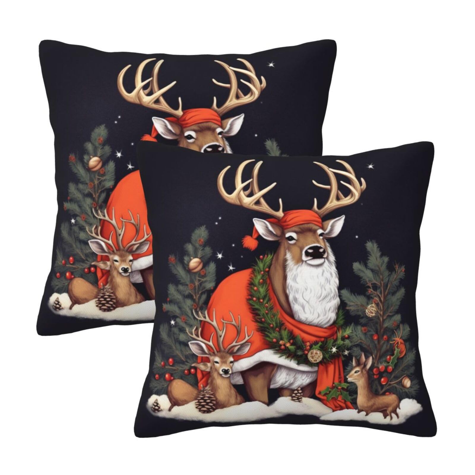 Christmas Deer Throw Pillow Cases 2 Pack Square Pillowcases Soft Pillow Protectors for Couch Livingroom Sofa Bed Office Car,50x50 CM