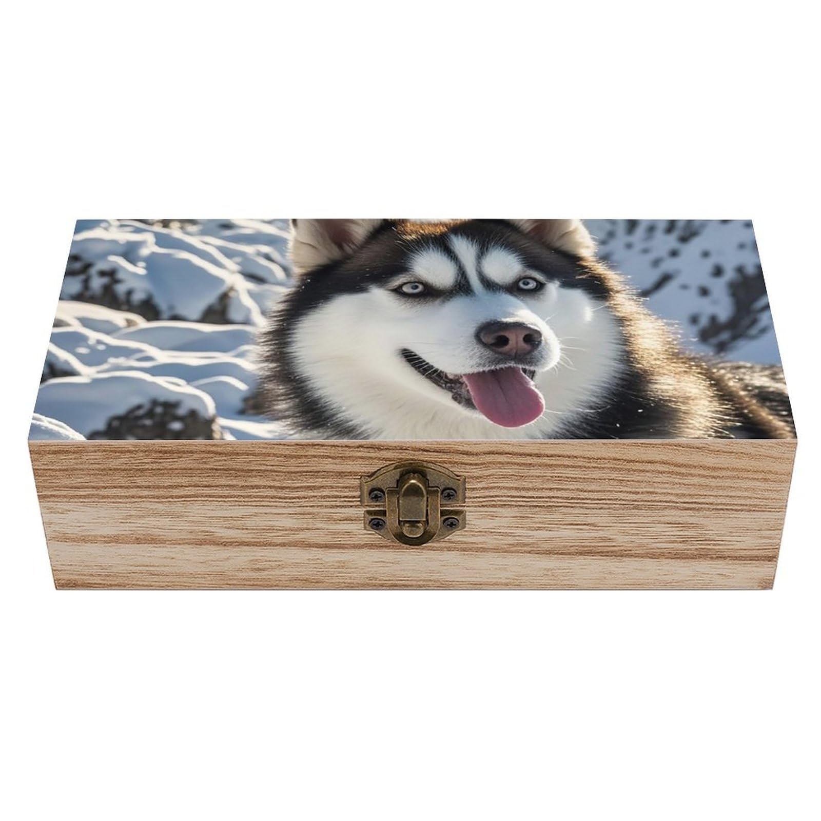 Oudrspo Adorable Huskies Wooden Keepsake Box Decorative Memory Storage Box with Hinged Lid Small Jewelry Keepsake Boxes for Storing Gift Pictures Letters Time Capsule