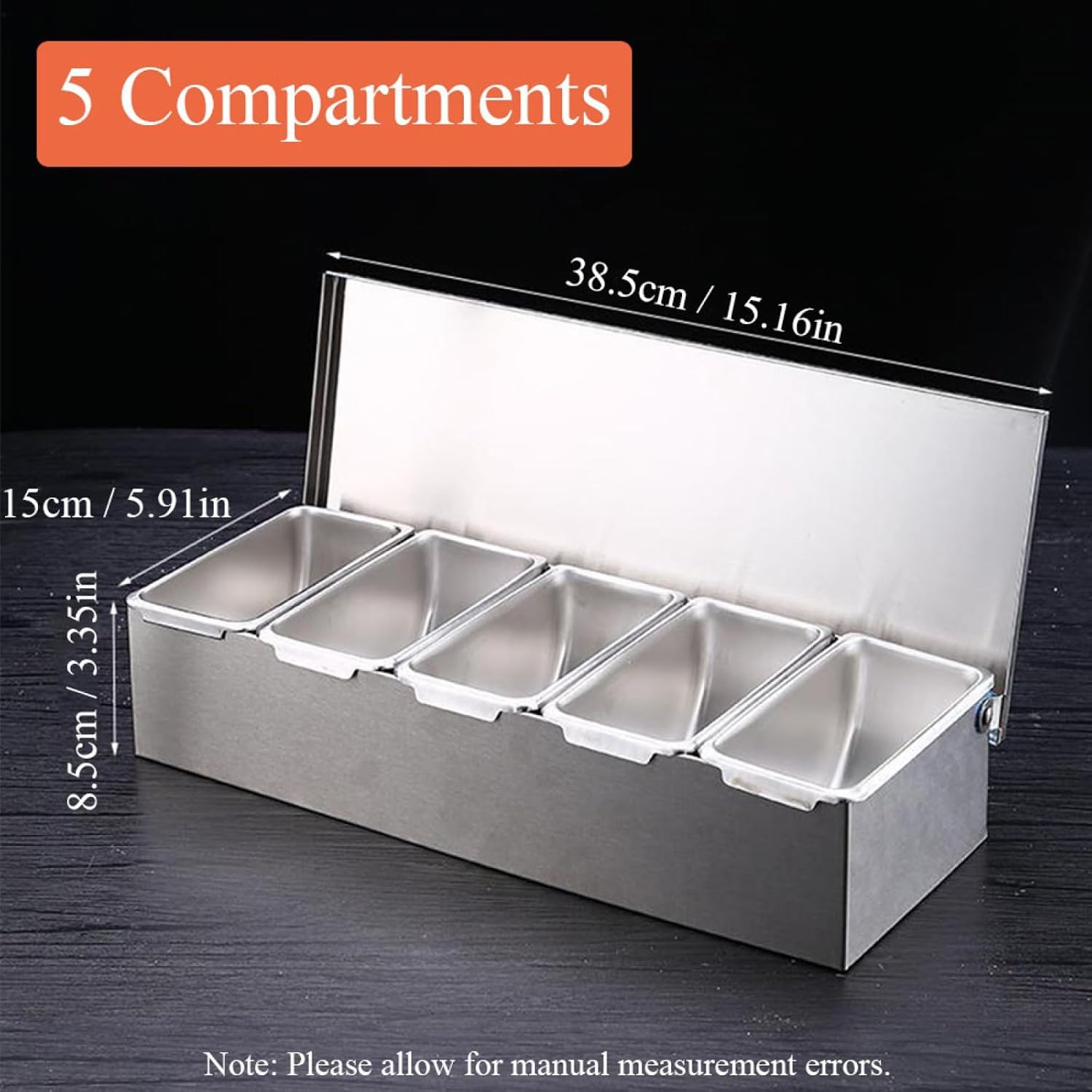 Dispensador De Condimentos De Acero Inoxidable De 5 Compartimentos con Tapa - Recipiente Fácil De Limpiar para Cocina, Restaurante Y Bar - Ideal para Salsas, Especias Y Silver 5 Compartments