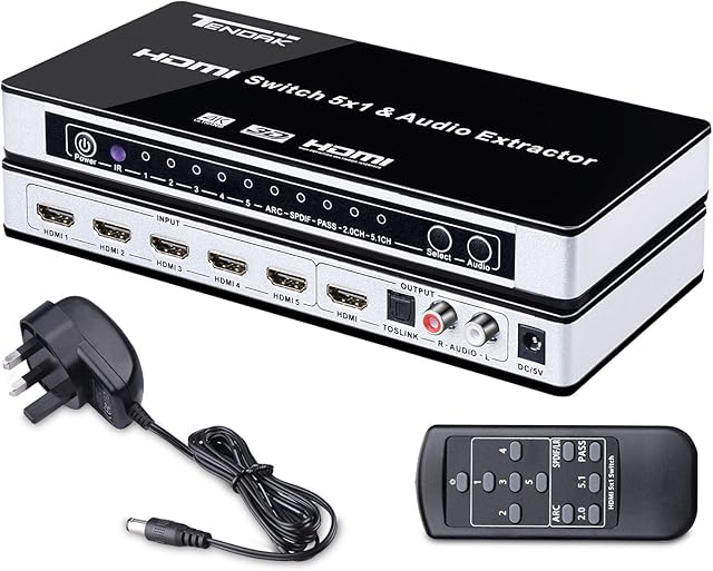 Tendak 4K HDMI Switch, 5 Port HDMI Switcher with L/R Optical Toslink Audio Extractor + Remote Control Support 4K@30Hz 3D ARC