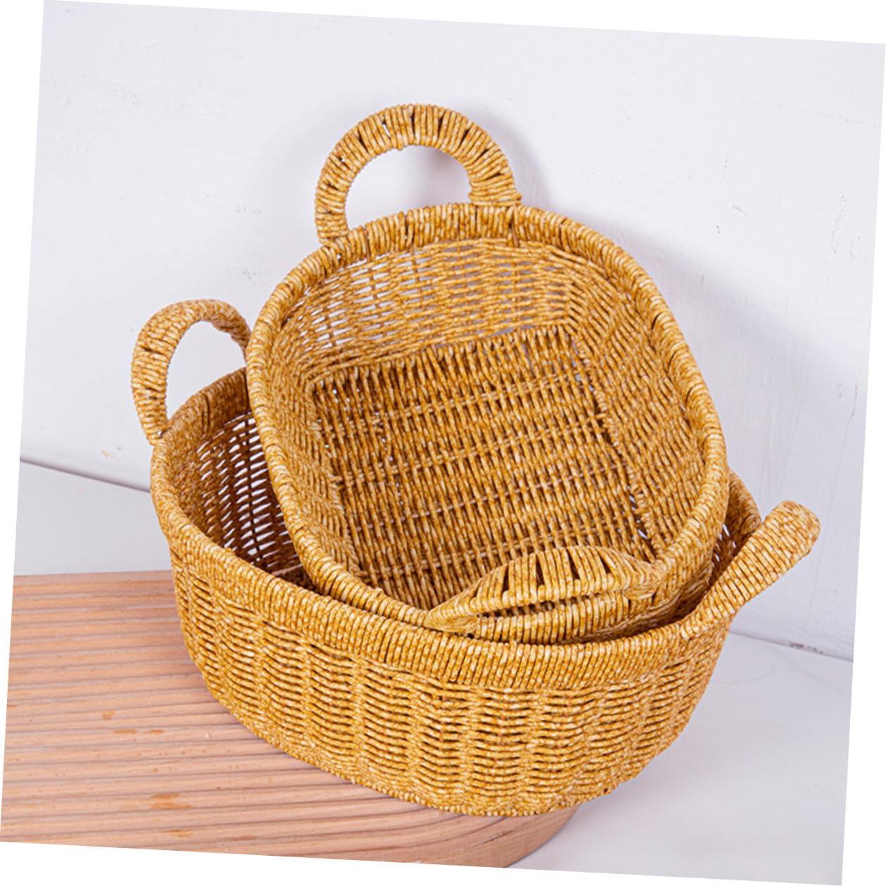 Simulated Rattan Serving Basket with Double Handles, Large Deep Oval Bread and Fruit Tray, Lightweight Snack Storage Organizer for Home and Outdoor Picnic