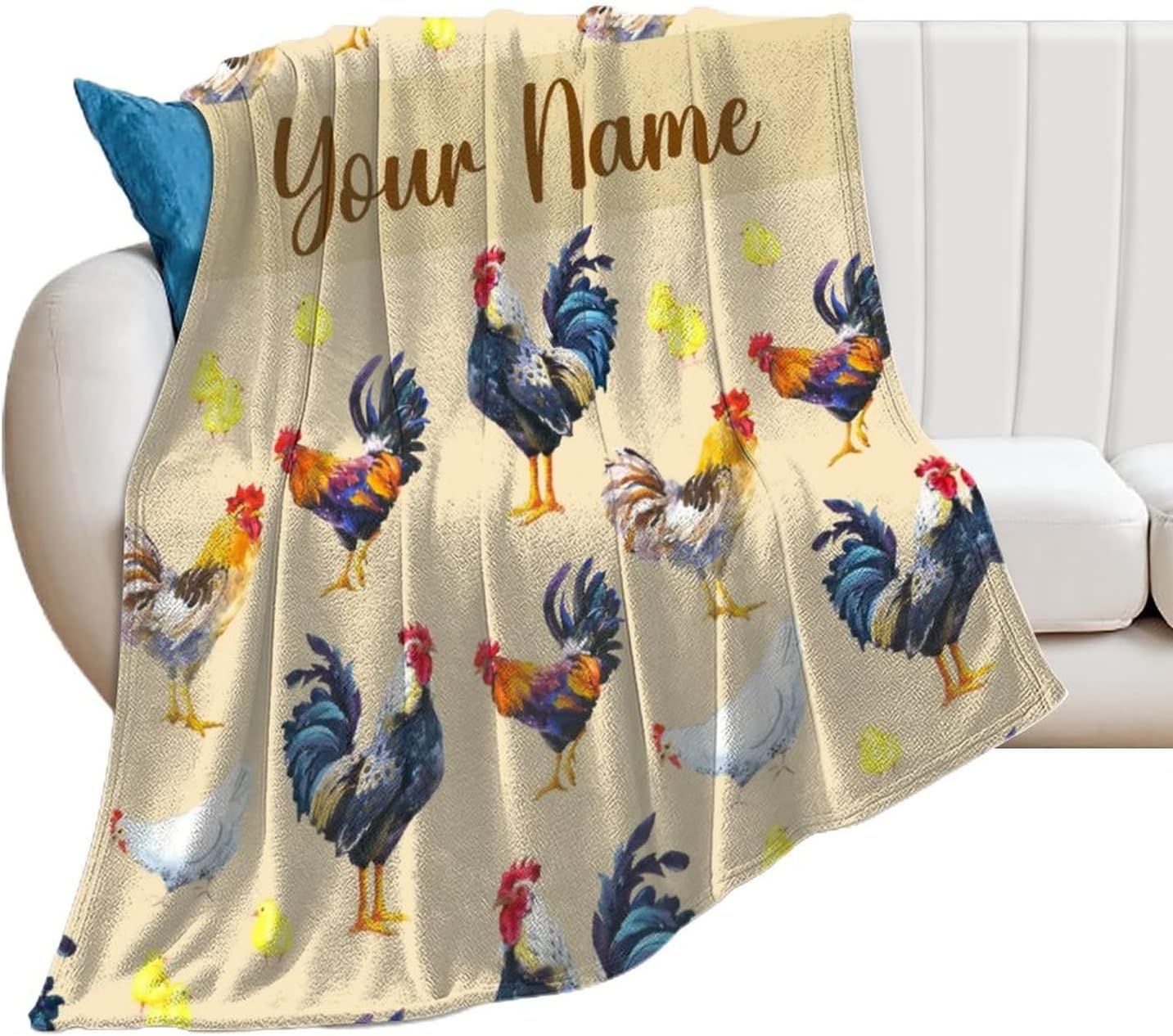 Custom Chicken Blanket Gifts with Name - 60x50 Inches Cute Throw Blanket for Girls, Women - Beige Soft Fuzzy Blankets for Bed, Couch & Travel