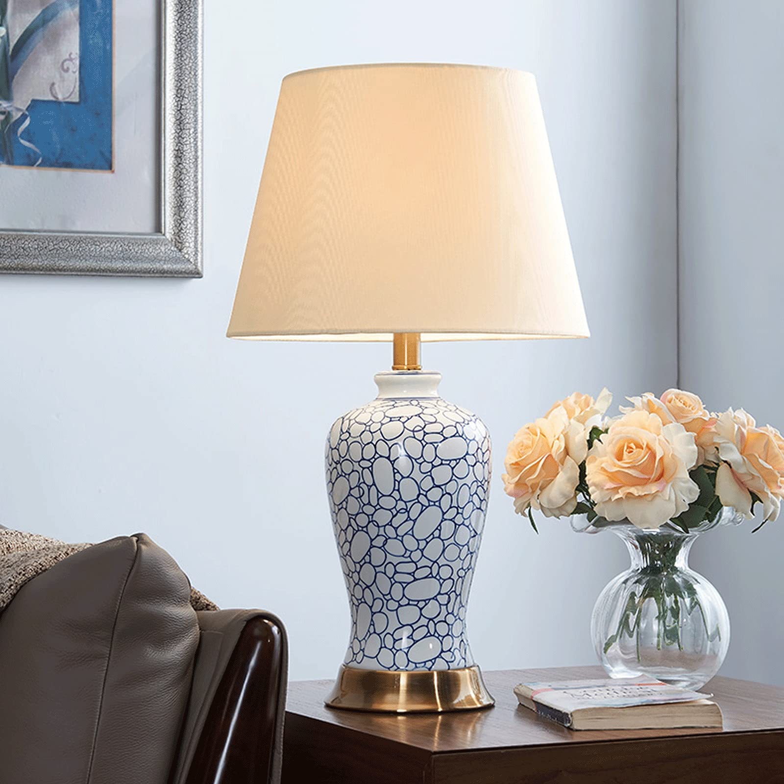 Lampki nocne do sypialni, Blauw, ceramika, abażur z tkaniny, styl retro, zwięzła szafka nocna do domu, biura, kawiarni, restauracji, 23,6" wys.