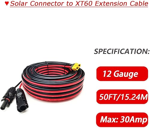 Miniatura 5 de Magiktech XT60 Cable de carga solar adaptador de 50 pies, cable de extensión solar de cobre estañado 12AWG para baterías LifePo4, generadores