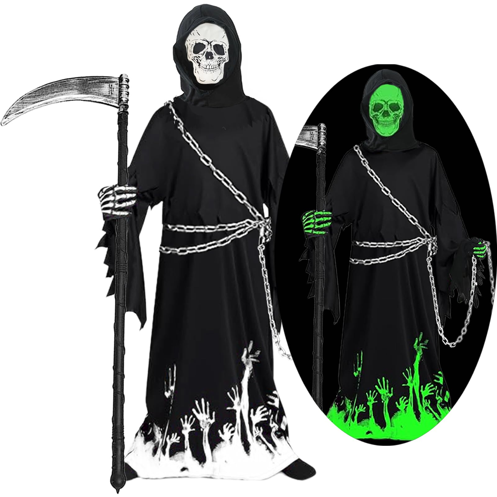 Disfraces de Niños de la Parca con Guadaña y Cadena en la Cintura,Deluxe Glow in The Dark Halloween Costume Boys Grim Reaper Costume for Halloween Carnival Fancy Dress
