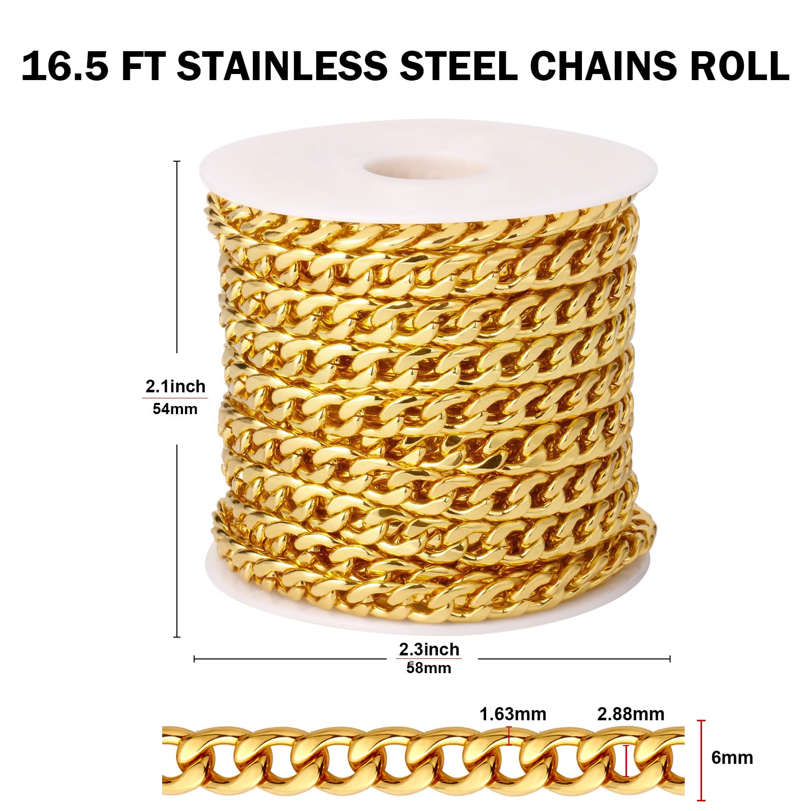 Catena barbazzale placcata in oro 18 carati, per la creazione di gioielli, larghezza 6 mm, in acciaio inox 304, rotolo per la creazione di gioielli fai da te