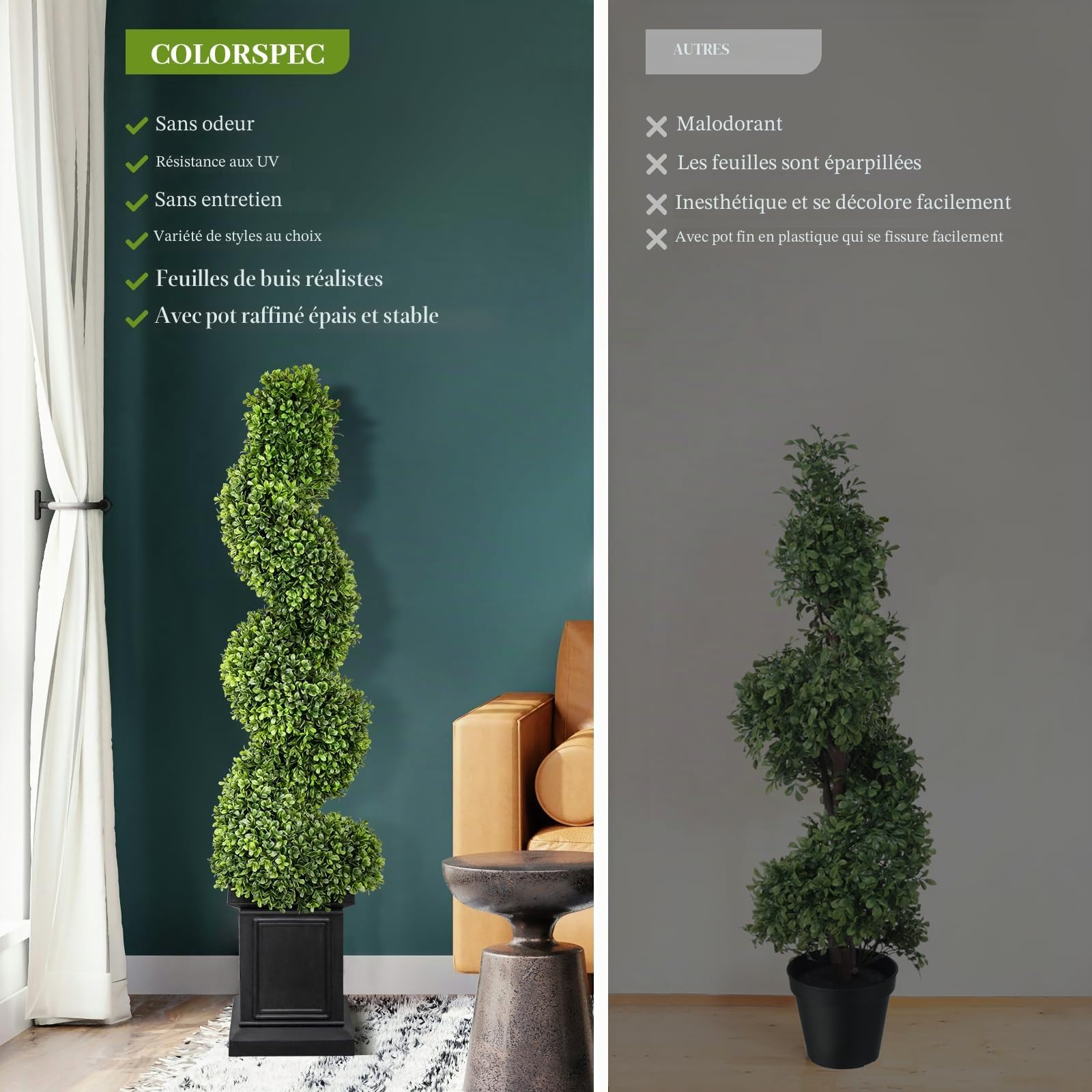 Lot de 2 topiaires d'extérieur en buis Artificiel, 1,2 m de Haut, Arbres de Porche extérieurs, Fausses Plantes topiaires Vertes Toute l'année, Arbres artificiels d'extérieur avec Pot Robust
