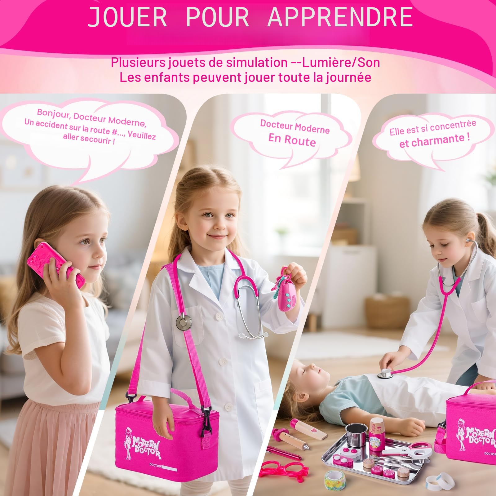Sundaymot Malette Docteur Enfant, Jouet en Bois Jeux avec Stéthoscope, Thermomètre, Seringue, Sac De Médecin Et Déguisement Docteur, Jouet Enfant Fille 3 Ans