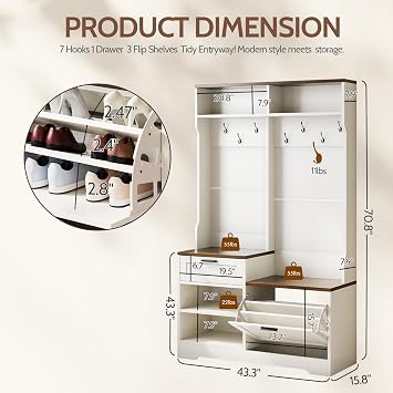 Hall Tree with Bench and Shoe Storage, 6-in-1 Entryway Coat Rack with Flip Drawer Shoe Cabinet, 7 Hooks, 4 Storage Cubbies, Adjustable Shelf, Walnut