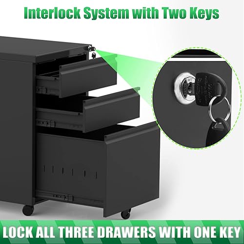 Miniatura 5 de Armario de archivo enrollable con cerradura con 3 cajones, gabinete negro para debajo del escritorio con pedestal móvil, gabinete de almacenamiento