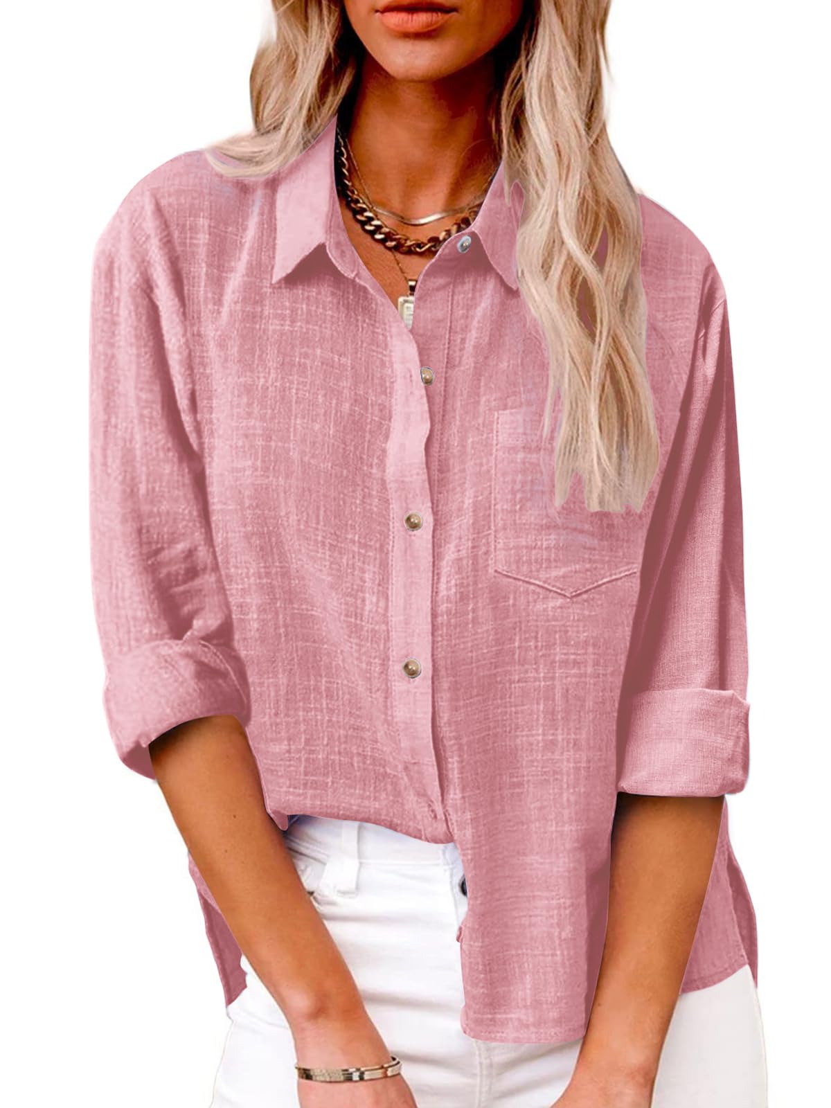 SHEKINI Camicia Lino Donna Camicetta da Donna Elegante Maniche Lunghe Cotone Blusa Maglietta Scollo a V Top Camicette Abbigliamento Donna Ufficio Casual