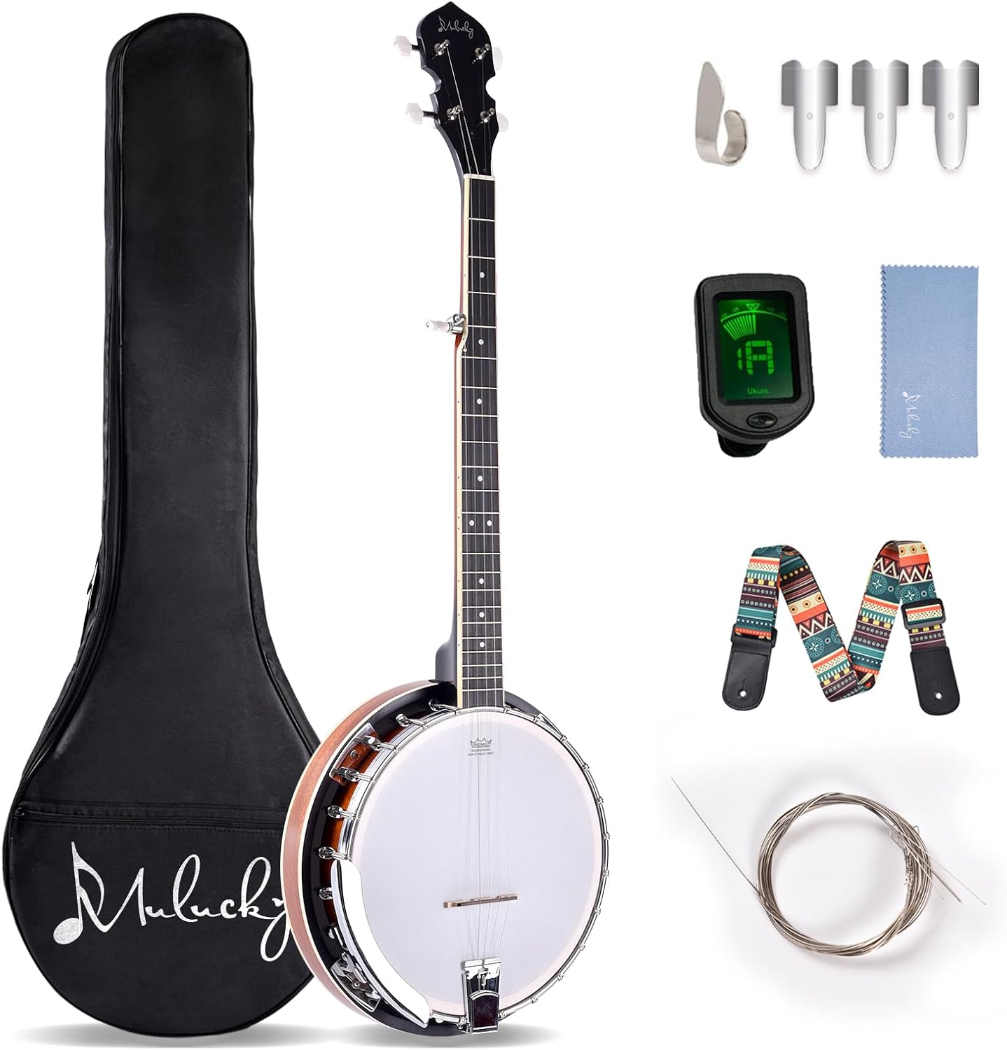 Mulucky 5 String Banjo - Remo Head with 24 Brackets, Closed Solid Wood Back, Mahogany Resonator Banjos, Package with Beginner Kit - B1107