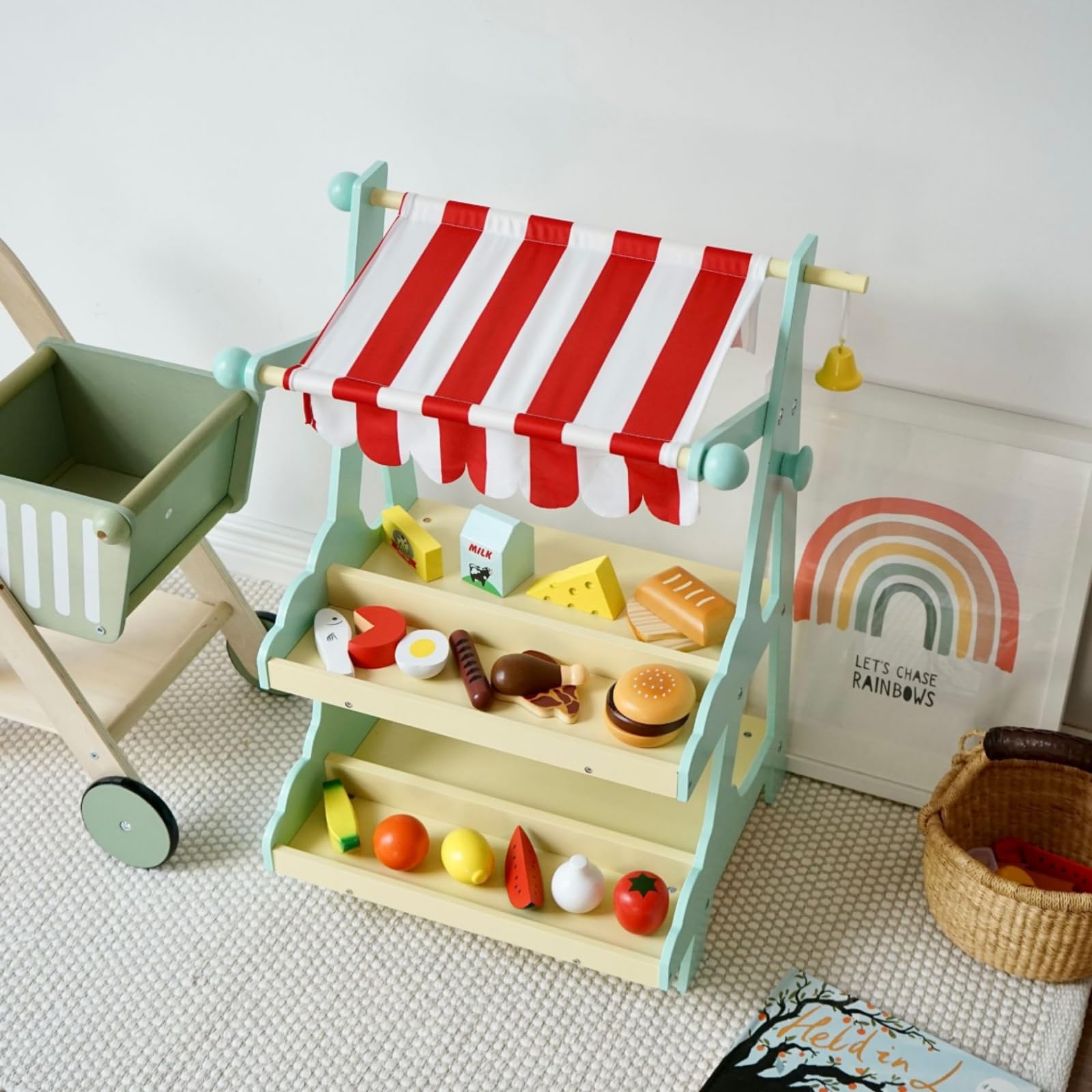 Qianly Verkaufsstand aus Holz mit Regalböden Spielmarktstand Stabil Kinderspielzeug für Lebensmittelspiel