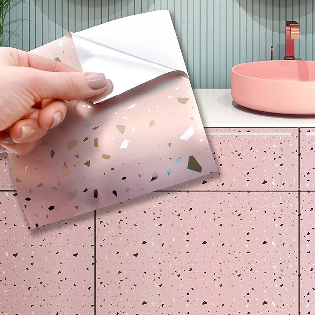 WALPLUS 15cm(6")@24pcs Rose Pink Metallic Silver Terrazzo Wall Tile Sticker Tile Paint Stick on Tiles Peel and Stick Self Adhesive Wall Tiles Stickers for Kitchen Bathroom Tile Transfer Backsplash