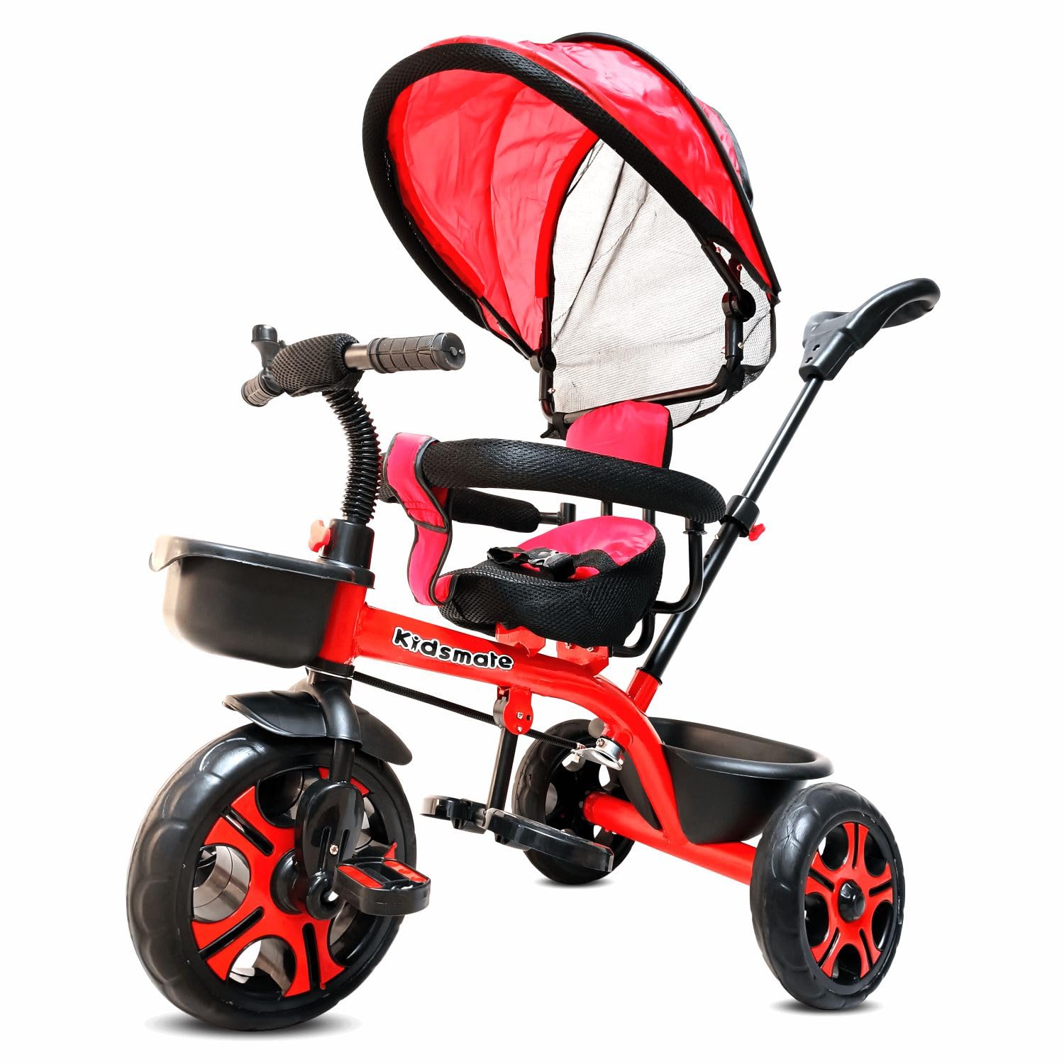 Kidsmate Champ Tricycle with Canopy | Safety Guard Rail and Parental Control | Fabric Cushion Seat & Bell for 12 Months to 48 Months Boys/Girls (RED)