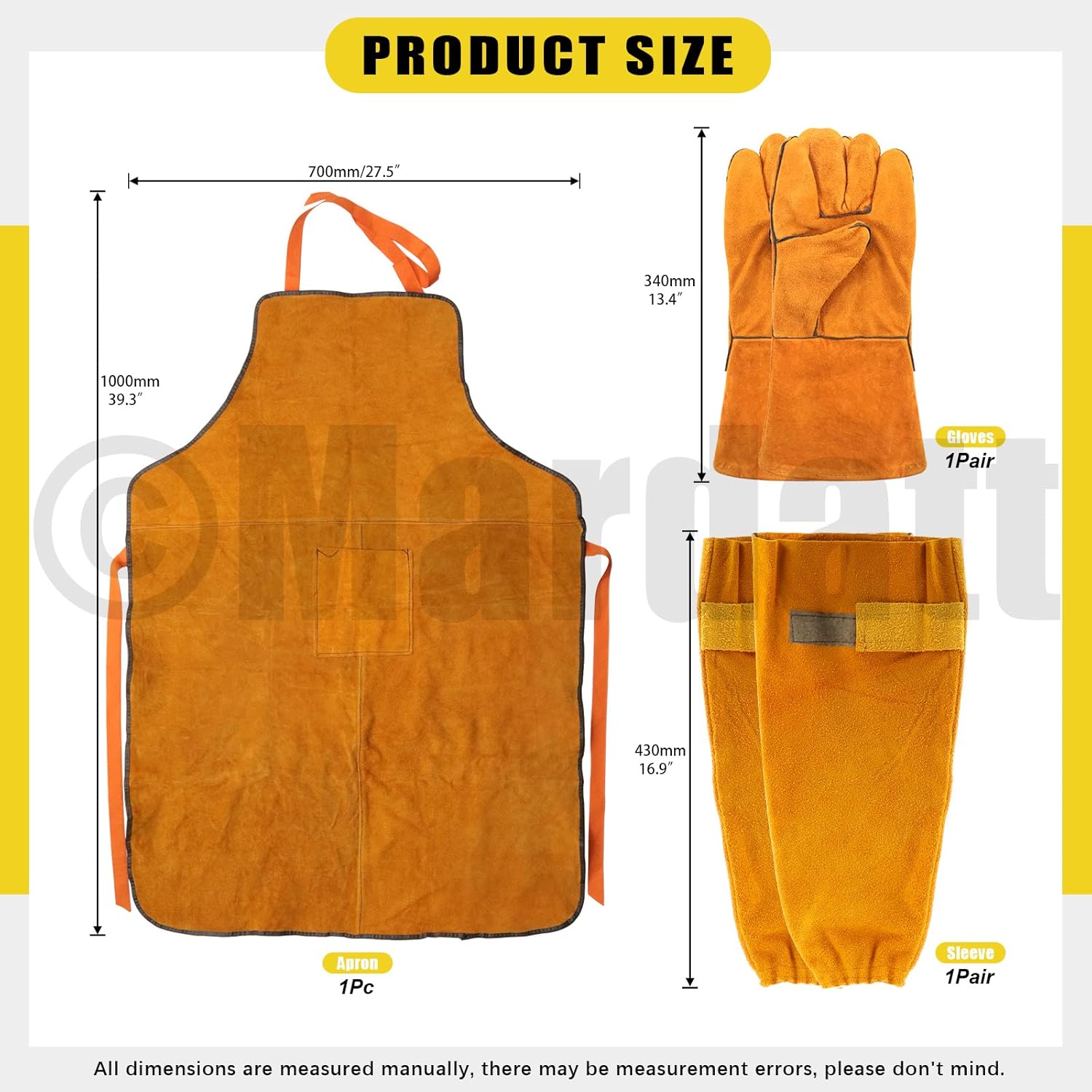 5 Pcs Extra Long Leather Work Sleeves, Gloves and Apron Fireproof and Heat Resistant Protective Set for Men & Women Welding, Woodworking, Gardening