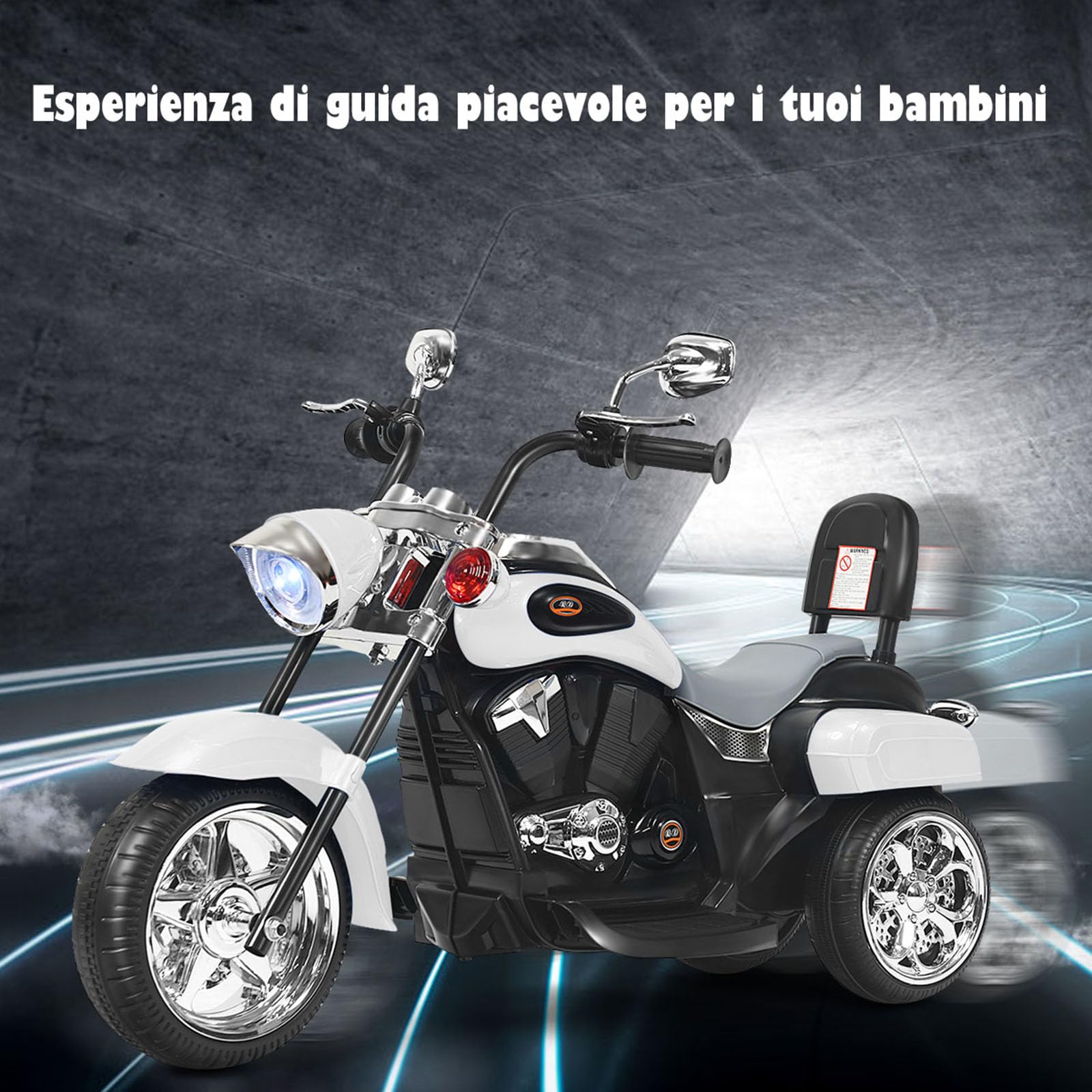 COSTWAY 6V Moto Elettrica per Bambini, Moto Cavalcabile con 3 Ruote e Luci, Avanti e Indietro, 2,5-3 km/h, Ideale per Bambini 3 Anni+, Carico 30kg (Bianco)