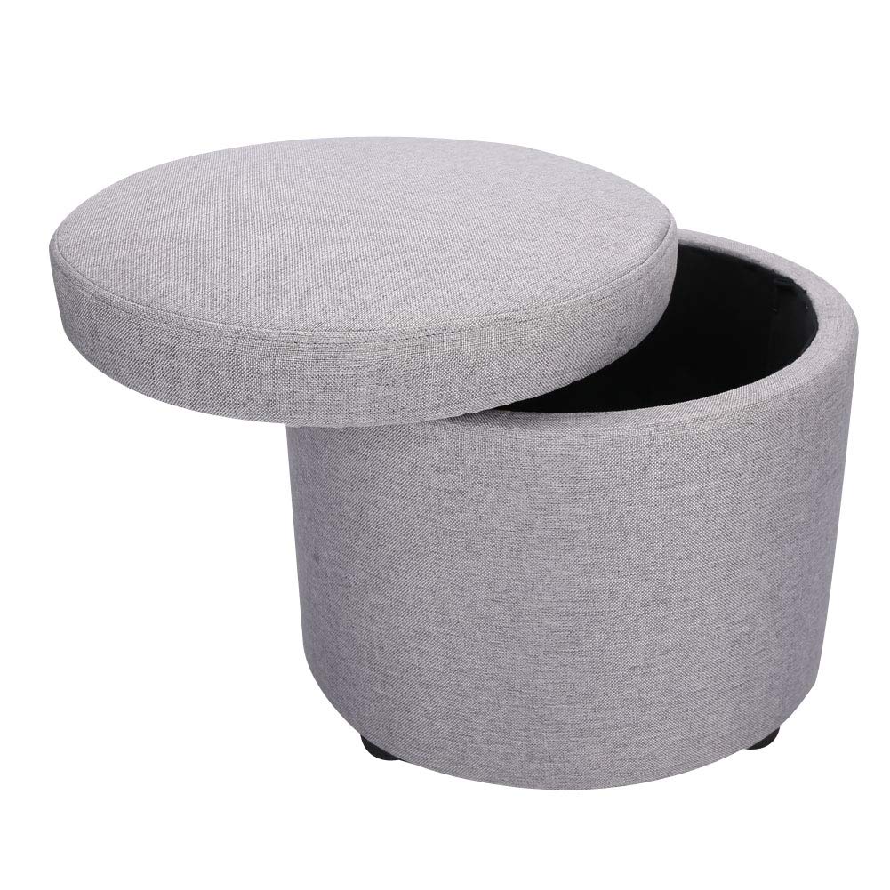 Ausla Taburete de Almacenamiento Multifuncional, Reposapiés Redondo con Tapa Extraíble, Esponja y Paulownia, 37 X 37 X 30 Cm, Asiento de Almacenamiento Oculto para Sala de Estar, Dormitorio,