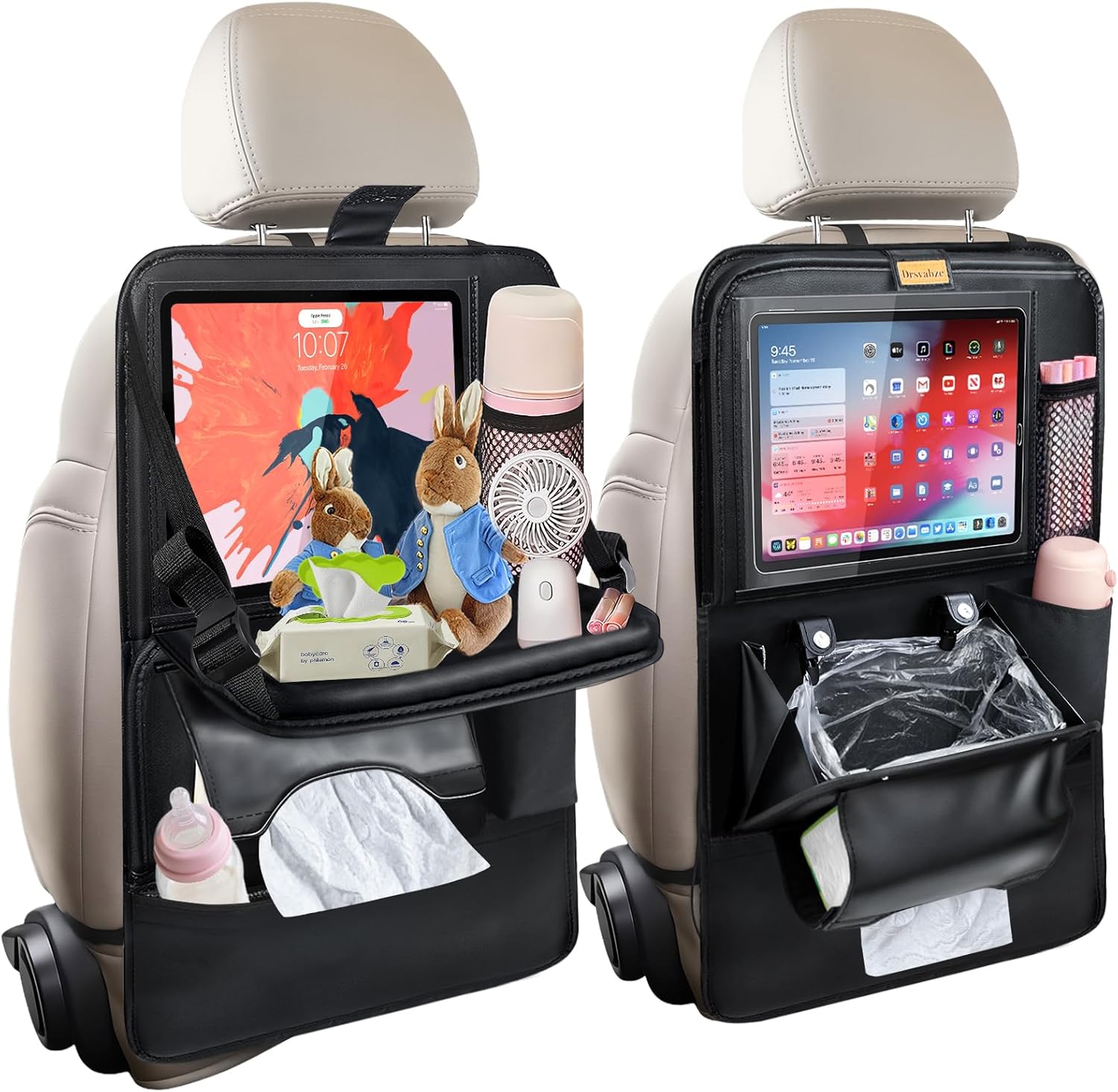 2-Pack Leather Car Backseat Organizer with Tablet Holder–Foldable Food Tray,Storage Pockets,Trash Can,Tissue Holder & Insulated Bag–Kick Mats Protector for Kids,Travel Accessories Organizer