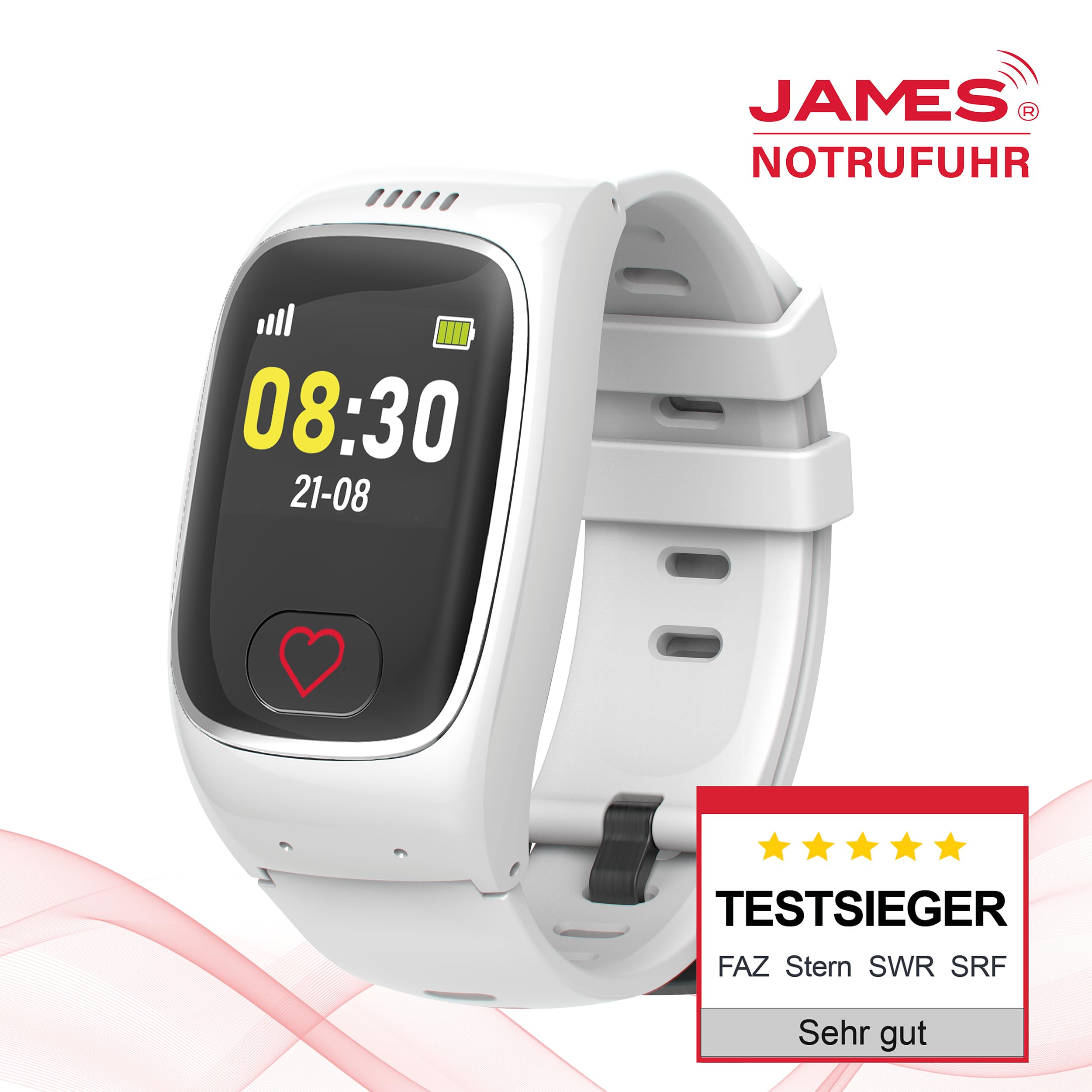 James B8 Notruf- & Sicherheitsuhr für Senioren (Weiss) mit GPS, Sturzerkennung, SOS-Knopf, Pulsmessung & Gesundheitsfunktionen, Familien-App, lauter Alarm, inkl. SIM-Karte & 2 Gratis-Monate Tarif