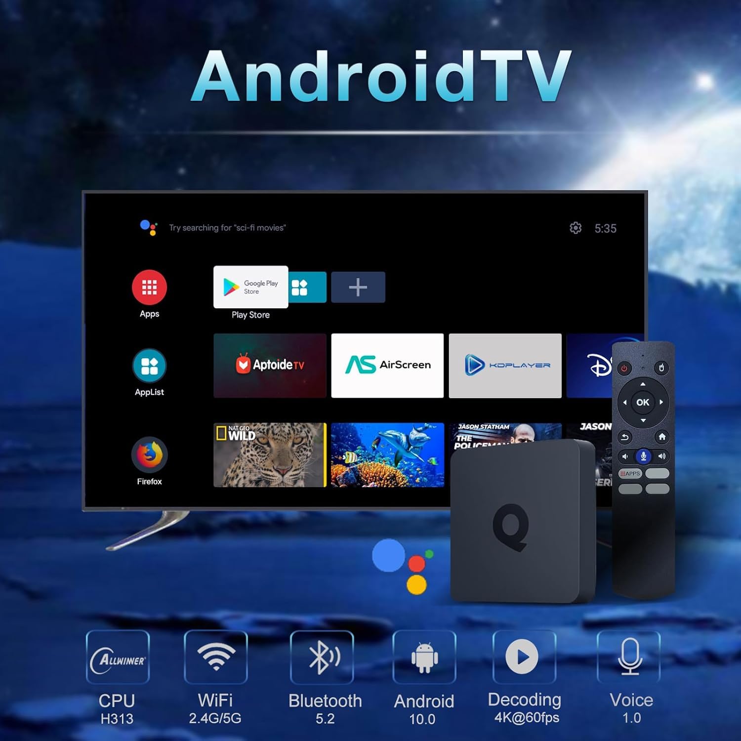Q1 Android TV Box 2GB 16GB Android 10.0 Lettore multimediale AT IP TV Box Allwiner H313 Quadcore Cortex-A53 Supporta 2,4/5,0GHz WiFi BT5.2 HDR10.0 3D 1080P 4K Better Than X96 Mini TV Box