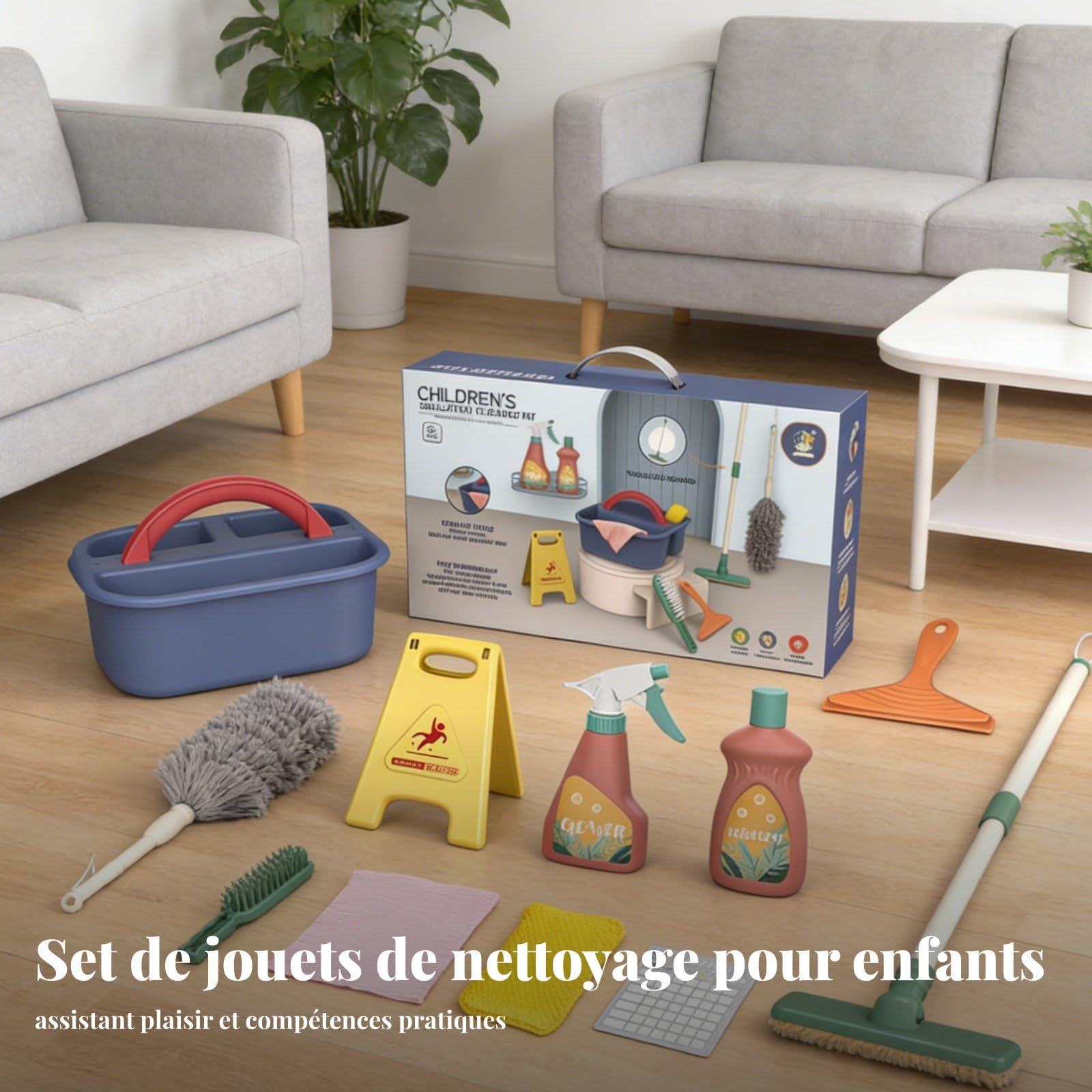 Gralara 1s Ensemble de Nettoyage Enfant Jeu de Ménage Kit de Balai et Serpillière Balayette et Pelle Bouteille Vaporisateur Panneau Sol Mouillé Matériaux Sûrs , Boîte Ouverte 11 Pièces
