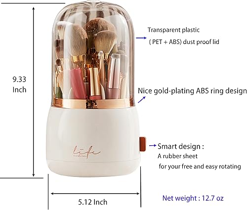 Miniatura 2 de WenkeDigi Soporte para brochas de maquillaje, organizador giratorio de 360 con tapa transparente, brillante a prueba de polvo, organizador de