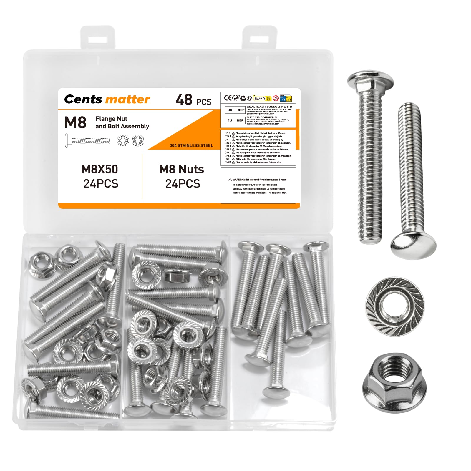 48 Pcs M8 Coach Bolts, M8 x 50mm Cup Square Carriage Bolts and Nuts Set, Stainless Steel Coach Screws with Hexagon Flange Nuts