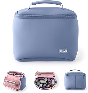 KUSSHI Neoprene Train Case Makeup Bag - Washable Makeup Travel Bag & Vanity Case for Stress Free Travel (Small, Pearl Blue/Sand Pink)