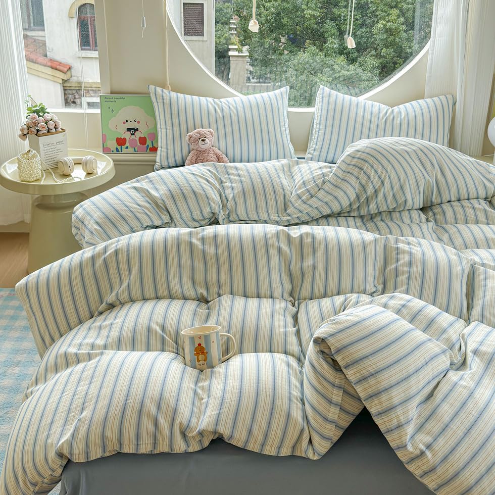 Image of EAVD Vintage Striped Duvet Cover Queen Soft 100% Muslin Cotton Linen Feel Gauze Farmhouse Blue Vertical Striped Pattern Bedding Set for Men Women Reversible Geometric Duvet Cover with Zipper Closure