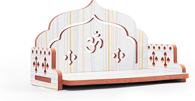 Wooden Wall Mounted Hanging Table top Temple Pooja Mandir God Stand Shelf for Storage and Idols Decoration for Home Office and Gifting White Om