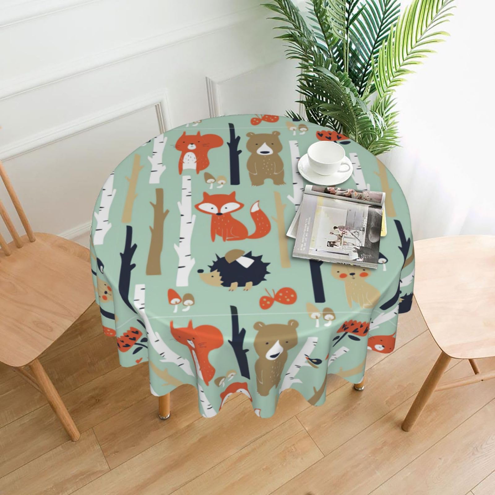 Zcmkjlg Cute Fox Bear Bird Bunny Tree Print Quick Ship Round Tablecloth 60in Polyester Washable Cover for Dining Room